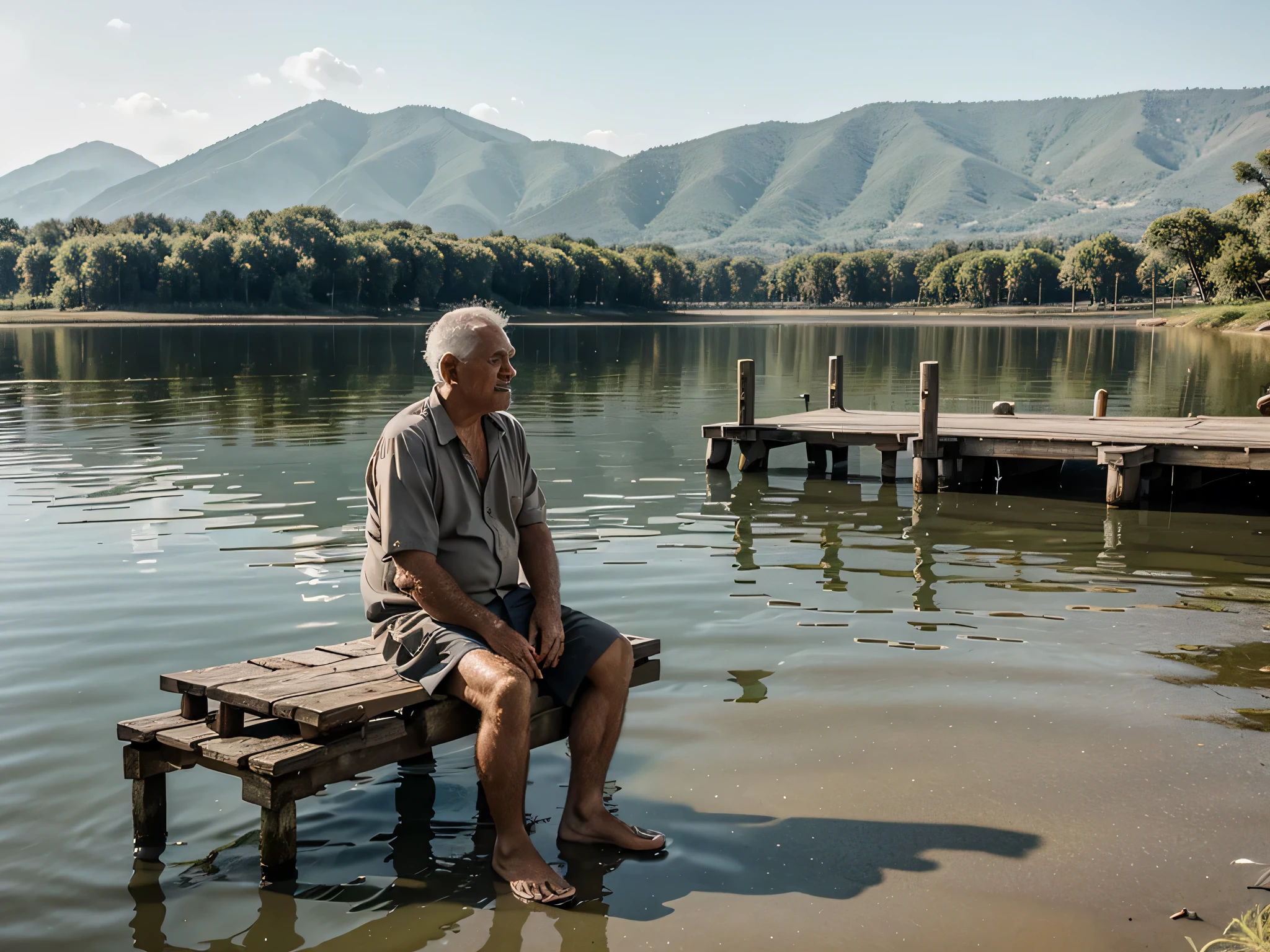 An old man sits on a jetty by the lake in the late afternoon and dangles his feet in the water