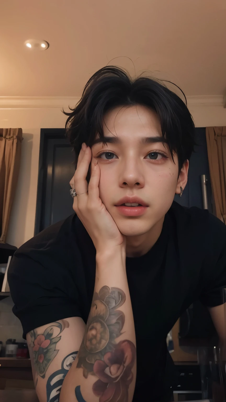 8k, melhor qualidade, Fotos realistas, detalhes realistas, rosto claro, a delicate facial features, brilho real da pele, Jungkook,uma linda garota, Shy, Jungkook, facing the camera, sitting at a bar in a gray fishnet sweater and tight jeans, limpar fundo da barra, vista do mar, Jungkook, arms on the bar counter, quadris, Jungkook, Corpo fino, seios grandes, 24 anos de idade, encantador, olhos sedutores, inspirado em Jungkook