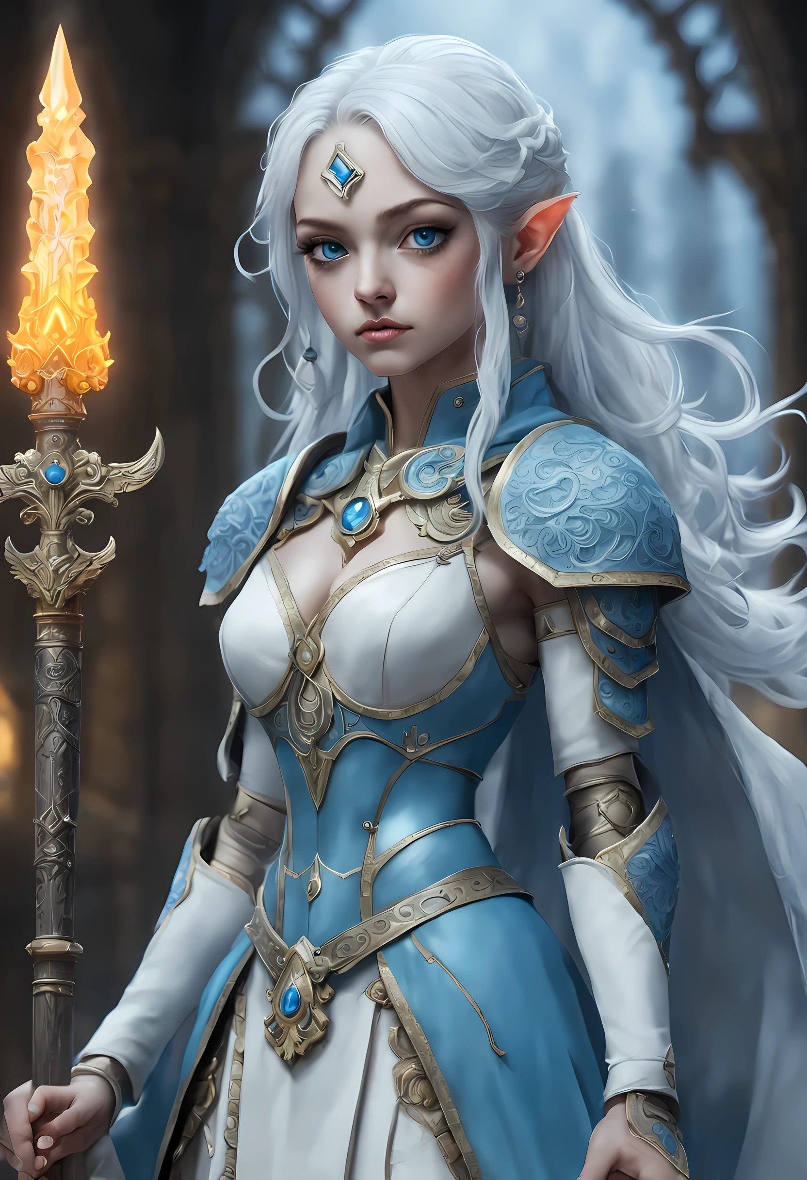 fantasy art, dnd art, RPG art, wide shot, (masterpiece: 1.4) a (portrait: 1.3) intense details, highly detailed, photorealistic, best quality, highres, portrait a female (fantasy art, Masterpiece, best quality: 1.3) bl3uprint (blue skin: 1.5), intense details facial details, exquisite beauty, (fantasy art, Masterpiece, best quality) cleric, (blue: 1.3) skinned female, (white hair: 1.3), long hair, intense (green: 1.3) eye, fantasy art, Masterpiece, best quality) armed a fiery sword red fire, wearing heavy (white: 1.3) half plate mail armor, wearing high heeled laced boots, wearing an(orange :1.3) cloak, wearing glowing holy symbol GlowingRunes_yellow, within fantasy temple background, reflection light, high details, best quality, 16k, [ultra detailed], masterpiece, best quality, (extremely detailed), close up, ultra wide shot, photorealistic, RAW, fantasy art, dnd art, fantasy art, realistic art,((best quality)), ((masterpiece)), (detailed), perfect face, ((no ears: 1.6))