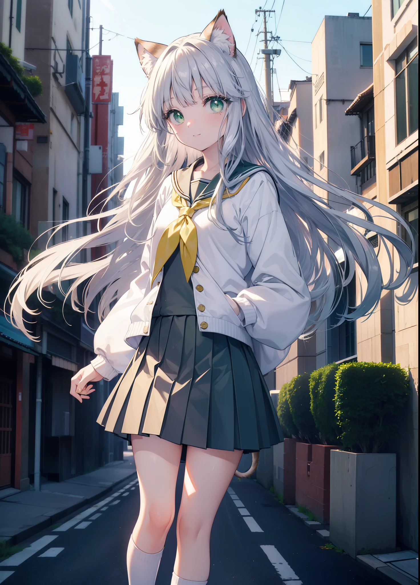 index, index, (green eyes:1.5), silver hair, long hair, (flat chest:1.2),yMedium sleeve shirt,ribbon,Yellow cardigan,blazer,black pleated skirt,white pantyhose,loafers,toast in your mouth, running, city street,morning,morning日,sunrise,A girl running with a student bag,
break looking at viewer, Upper body, ぜん
break outdoors, In town,
break (masterpiece:1.2), highest quality, High resolution, unity 8k wallpaper, (figure:0.8), (detailed and beautiful eyes:1.6), highly detailed face, perfect lighting, Very detailed CG, (perfect hands, perfect anatomy),
