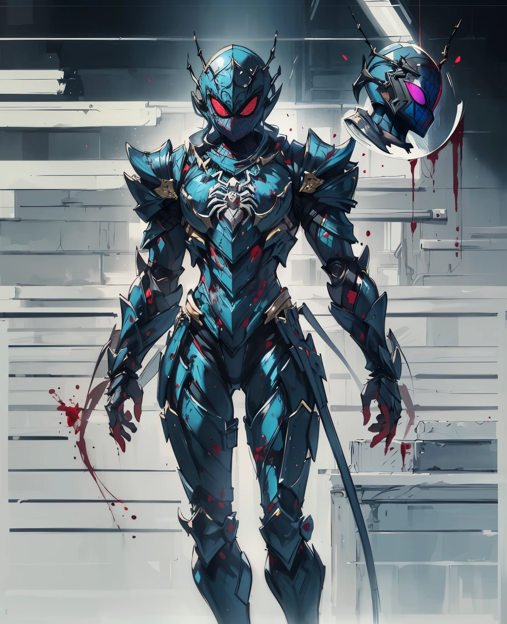 A woman adorned in fantasy-style full-body armor, a crown-concept fully enclosed helmet that unveils only her eyes, a composite layered chest plate, fully encompassing shoulder and hand guards, a lightweight waist armor, form-fitting shin guards, the overall design is heavy-duty yet flexible, (the armor gleams with a golden glow, complemented by red and blue accents), exhibiting a noble aura, she floats above a fantasy-surreal high-tech city, this character embodies a finely crafted fantasy-surreal style armored hero in anime style, exquisite and mature manga art style, (plasma, blood), ((Spider Concept Armor, Element, bio mecha, long legs, elegant, goddess, femminine:1.5)), metallic, high definition, best quality, highres, ultra-detailed, ultra-fine painting, extremely delicate, professional, anatomically correct, symmetrical face, extremely detailed eyes and face, high quality eyes, creativity, RAW photo, UHD, 32k, Natural light, cinematic lighting, masterpiece-anatomy-perfect, masterpiece:1.5