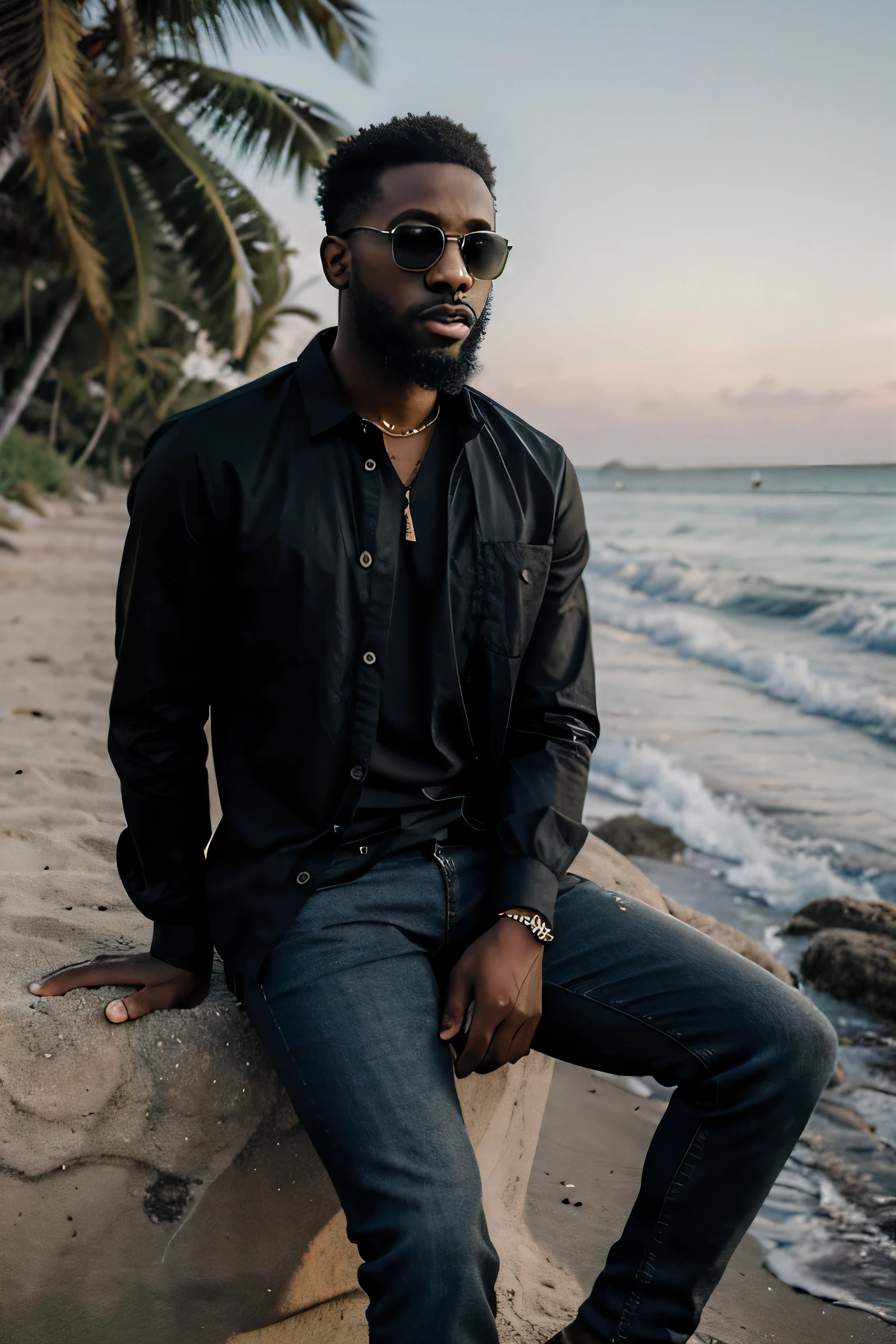 portrait of a young black man with a beard and sunglasses in a shirt and black jeans on the background of a beach
