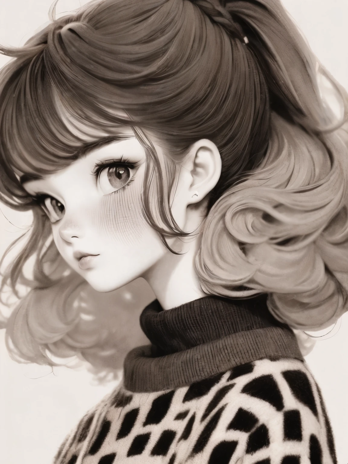 (masterpiece, best quality:1.2),flower arrangement art，watercolor painting，black irregular lines，a beautiful girl，Skin detail processing，The eyes are finely described，Delicate hair，ponytail，black high-neck sweater，White geometric pattern，Sweater details，hairy，Warm，Retro contrasting colors，flower brooch，clean background，green，blue，red，
