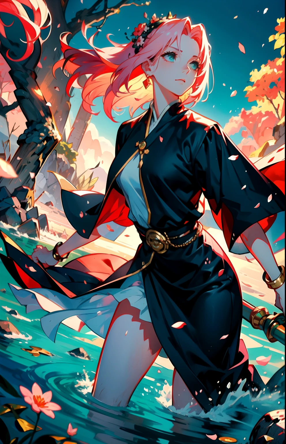 Divine Battle in Mystic Valley Base: Dois deuses lutando entre si.
Estilo: Desenho pastel
Paleta de cores: Tons suaves e vibrantes, with a predominance of green, rosa e preto.
Composition: Dynamic diagonal, com os deuses em lados opostos.
Personagens:
Deusa da Flora, (sakura).
Short flowing pink hair, (cabelo rosa!)
Bright green eyes Soft clear skin Fluttering emerald green dress Golden spear adorned with flowers Fierce and protective expression Faceless, apenas um contorno delicado
Deus do submundo: Sasuke Uchiha.
Short, disheveled black hair Tall, muscular stature Tanned, robust skin Black robes adorned with golden runes Flaming sword with obsidian hilt Dark, powerful expression Faceless, just an austere outline Scenery:
Mystical valley bathed in the light of the rising sun Lush green grass and multicolored flowers Leafy trees with intertwined tops Crystal clear river meandering through the valley Blue sky with white clouds and golden sun rays In the background, a dormant volcano emanates a mysterious mist Action:
The Goddess of Flora charges with her spear, protecting nature with fury and determination.
O Deus do Submundo bloqueia o ataque com sua espada flamejante, counterattacking with strength and grandeur.
Golden sparks and explosions of energy emanate from the epic clash between the gods.
The wind blows hard, agitando as vestes e cabelos dos combatentes.
O rio se agita, reflecting the titanic battle in its crystal clear waters.
Detalhes adicionais:
Rose petals float in the air, symbolizing the strength of nature.
Rachaduras no solo emanam do impacto dos golpes poderosos.
birds fly in circles, observando a batalha com espanto.
Um raio de sol ilumina os deuses, intensificando o drama da cena.
emotion:
A imagem transmite a ferocidade da batalha entre os deuses.
The strength and determination of the Goddess of Flora contrast with the fury and power of the God of the Underworld.
The beauty of the mystical valley serves as the backdrop for the epic battle.