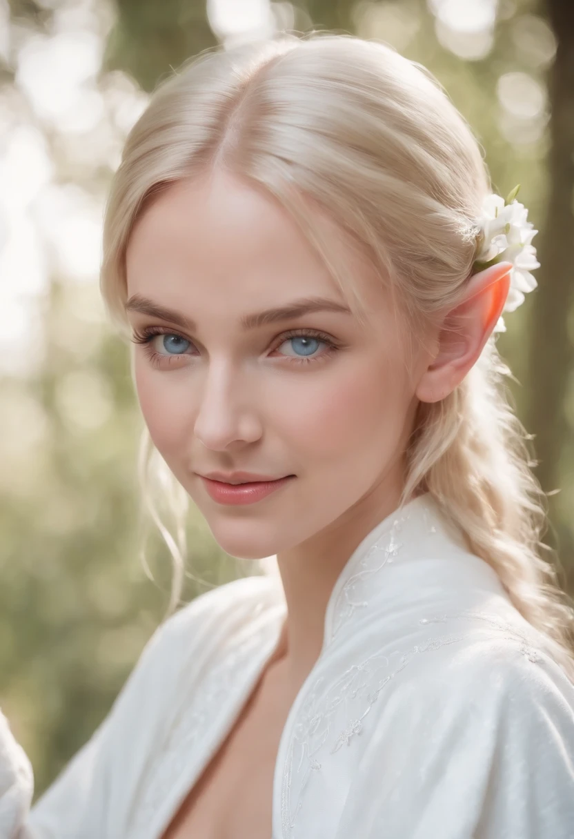 1girl, blonde, blue eyes, smiling, (((elf ears))), wearing a flowing white robe