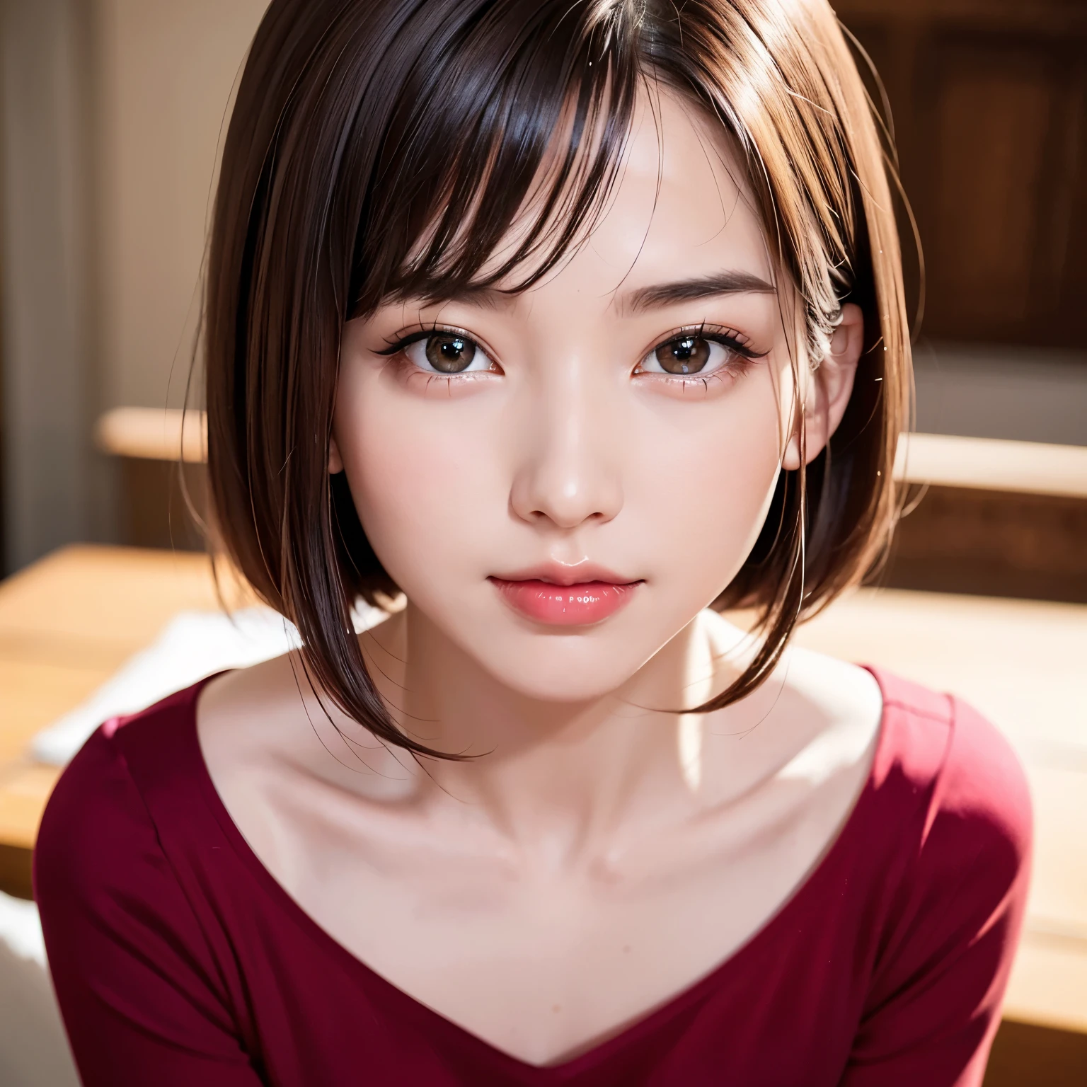 (highest quality、table top、8K、best image quality、Award-winning work)、(1 young girl, 12 years old:1.05)、(Perfect V-neck red long knit sweater:1.2)、(perfect red v neck sweater:1.1)、(red eyeshadow:1.2)、perfect makeup、long eyelashes、Super high-definition sparkling eyes、ultra high definition hair、ultra high resolution glossy lips、Super high resolution perfect teeth、Super high resolution cute face、brown hair、(very short straight hair:1.1)、look at me and smile、[clavicle]、accurate anatomy、(close up of face:1.5)、Luxury love hotel、(The most moody warm lighting:1.2)、blurred background、With bangs、Super high-resolution glossy and moisturized face、Super high resolution glowing fair skin、most detailed face、Ultra high resolution detailed faces、super high resolution hair、Super high resolution sparkling eyes、Beautiful face drawn in great detail、Super high resolution glossy red lips
