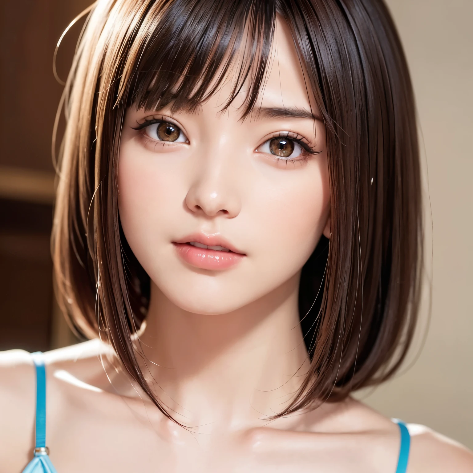 (highest quality、table top、8K、best image quality、Award-winning work)、(1 young girl, :1.05)、(Perfect V-neck red long knit sweater:1.2)、(perfect red v neck sweater:1.1)、(red eyeshadow:1.2)、perfect makeup、long eyelashes、Super high-definition sparkling eyes、ultra high definition hair、ultra high resolution glossy lips、Super high resolution perfect teeth、Super high resolution cute face、brown hair、(very short straight hair:1.1)、look at me and smile、[clavicle]、accurate anatomy、(close up of face:1.5)、Luxury love hotel、(The most moody warm lighting:1.2)、blurred background、With bangs、Super high-resolution glossy and moisturized face、Super high resolution glowing fair skin、most detailed face、Ultra high resolution detailed faces、super high resolution hair、Super high resolution sparkling eyes、Beautiful face drawn in great detail、Super high resolution glossy red lips
