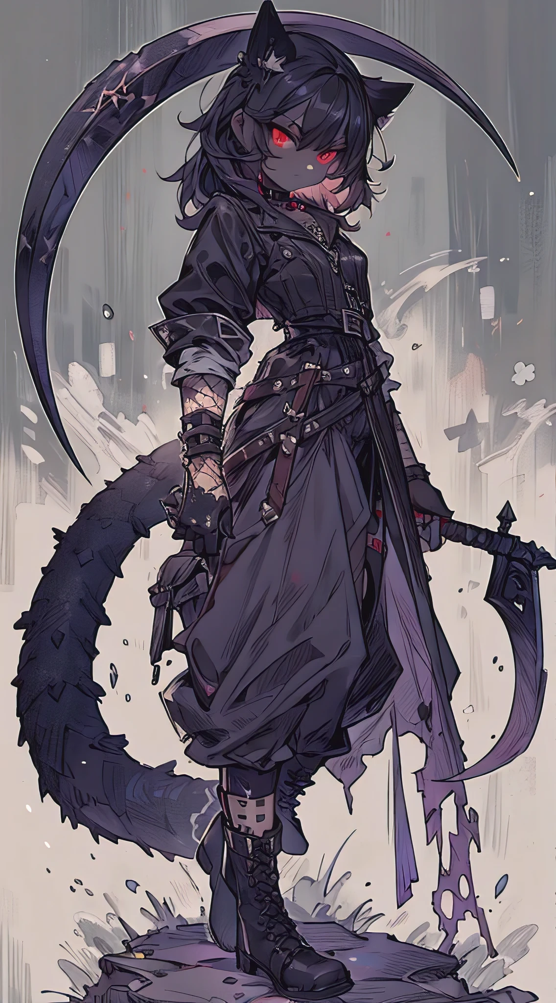 best quality, realistic, ultra-detailed, Pitou, full body portrait, intense gaze, flowing black hair, black leather jacket, spiked choker, dark makeup, multiple facial piercings, ominous background, dimly lit, glowing red eyes, intricate tattoos, ripped fishnet stockings, combat boots, deathcore logo, Gothic lettering, epic fantasy weapon, sinister aura, mysterious atmosphere, dark and moody colors