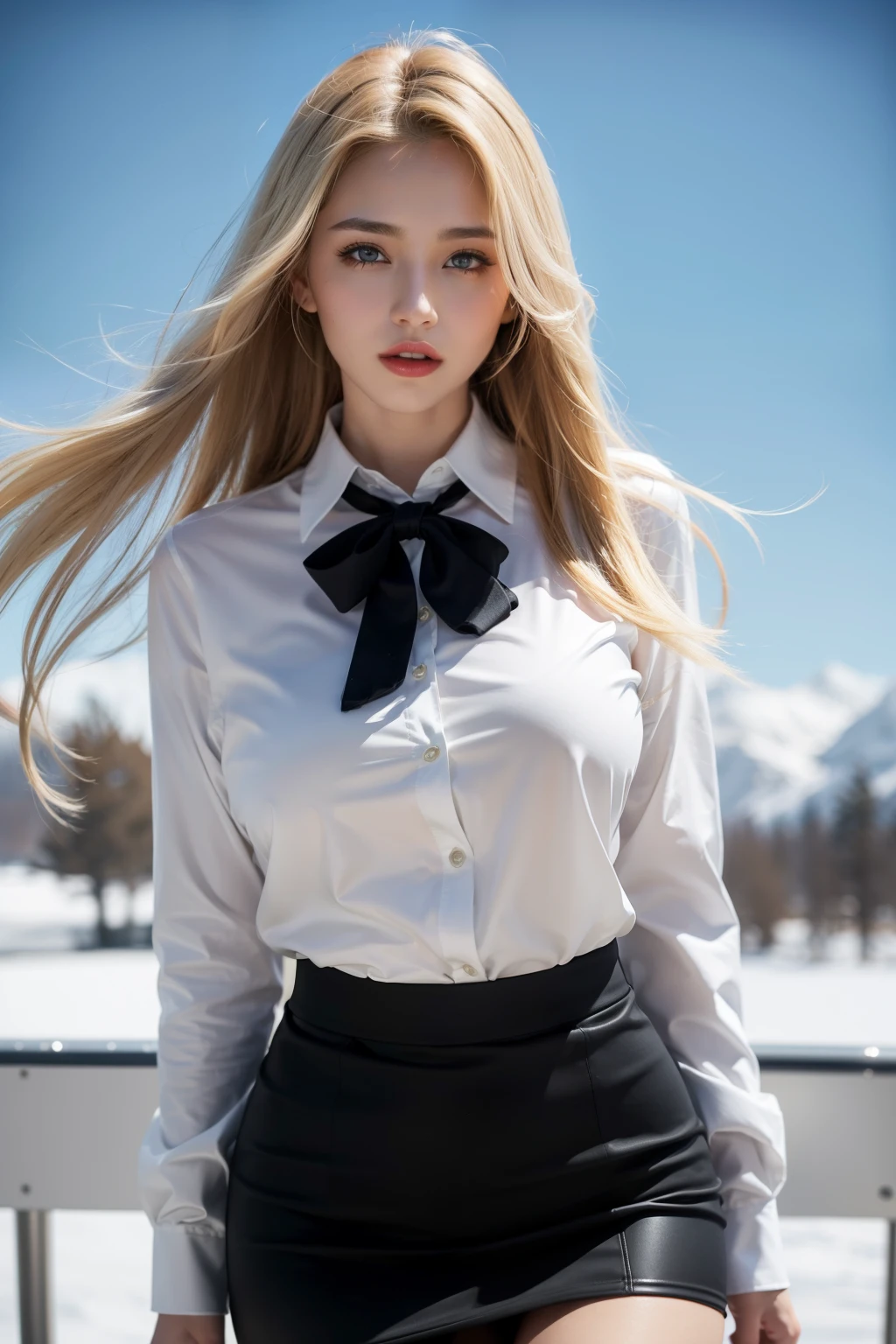 1 woman,big breasts,raised sexy,Pornographic Exposure, One,Beauty contests,standing on your feet(Background with:aerodrome,snowy mountains,aircraft,in winter season,blizzard,Big snowflakes)in airplane, She has long blonde hair,Long hair fluttering in the wind,Red lip,black girl,dynamic poses,Sweat prfromusely,wet all over my body,visible from the front, Straight hair, cloudy sky,(((the masterpiece),(Highly detailed CG Unity 8K wallpaper),Best quality,cinematic lighting,detailed background,beautiful detailed pupils of the right eyes,(very good and beautiful),(Beautiful and detailed description of the eyes),Blue eyes,Red lip,ultra - detailed,the masterpiece,)),facing the camera,(The upper part from the body),a high resolution,ultra - detailed),exposing the genitals of the breasts, Convex,Legs open,sexy pose,Camel skin tone,with open mouth,facade,stewardess type cover(Tedious:White transparent flight attendant uniform,Large colored bow tie,Sexy black miniskirt),(Depth_from_field:1.5),
