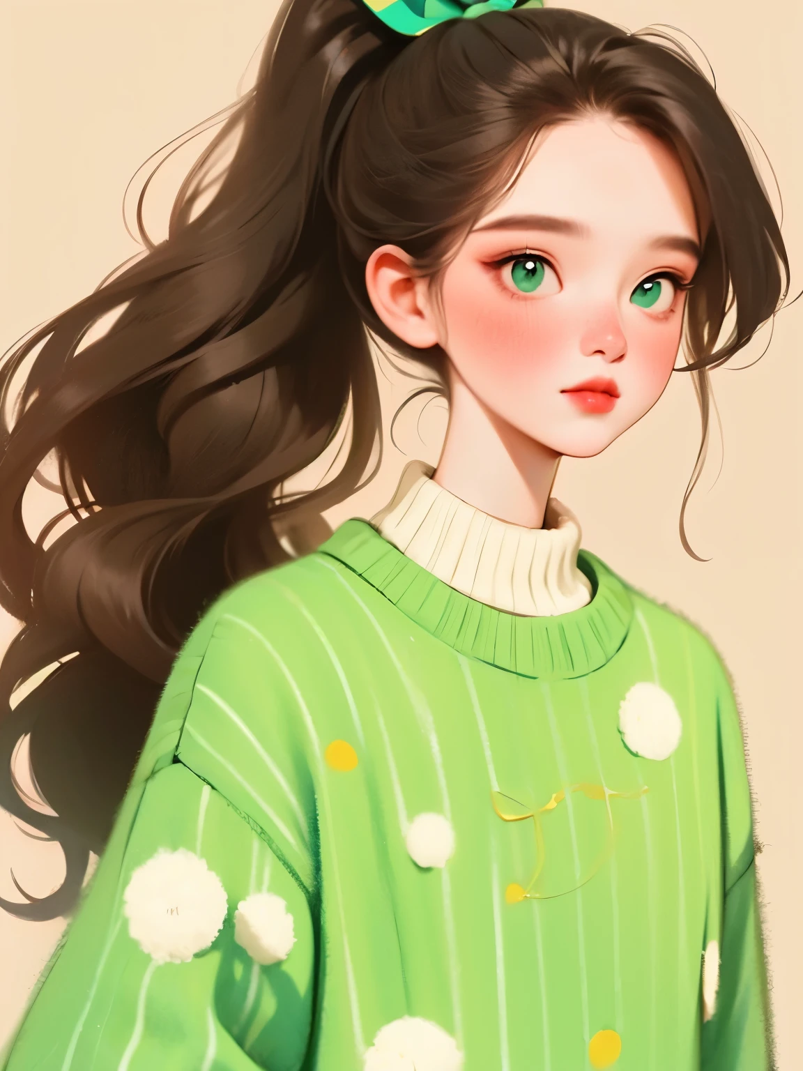 (masterpiece, best quality:1.2),illustration art，watercolor painting，black irregular lines，a beautiful girl，Skin detail processing，The eyes are finely described，Delicate hair，ponytail，black high-neck sweater，White geometric pattern，Sweater details，hairy，Warm，Retro contrasting colors，flower brooch，clean background，green，blue，red，
