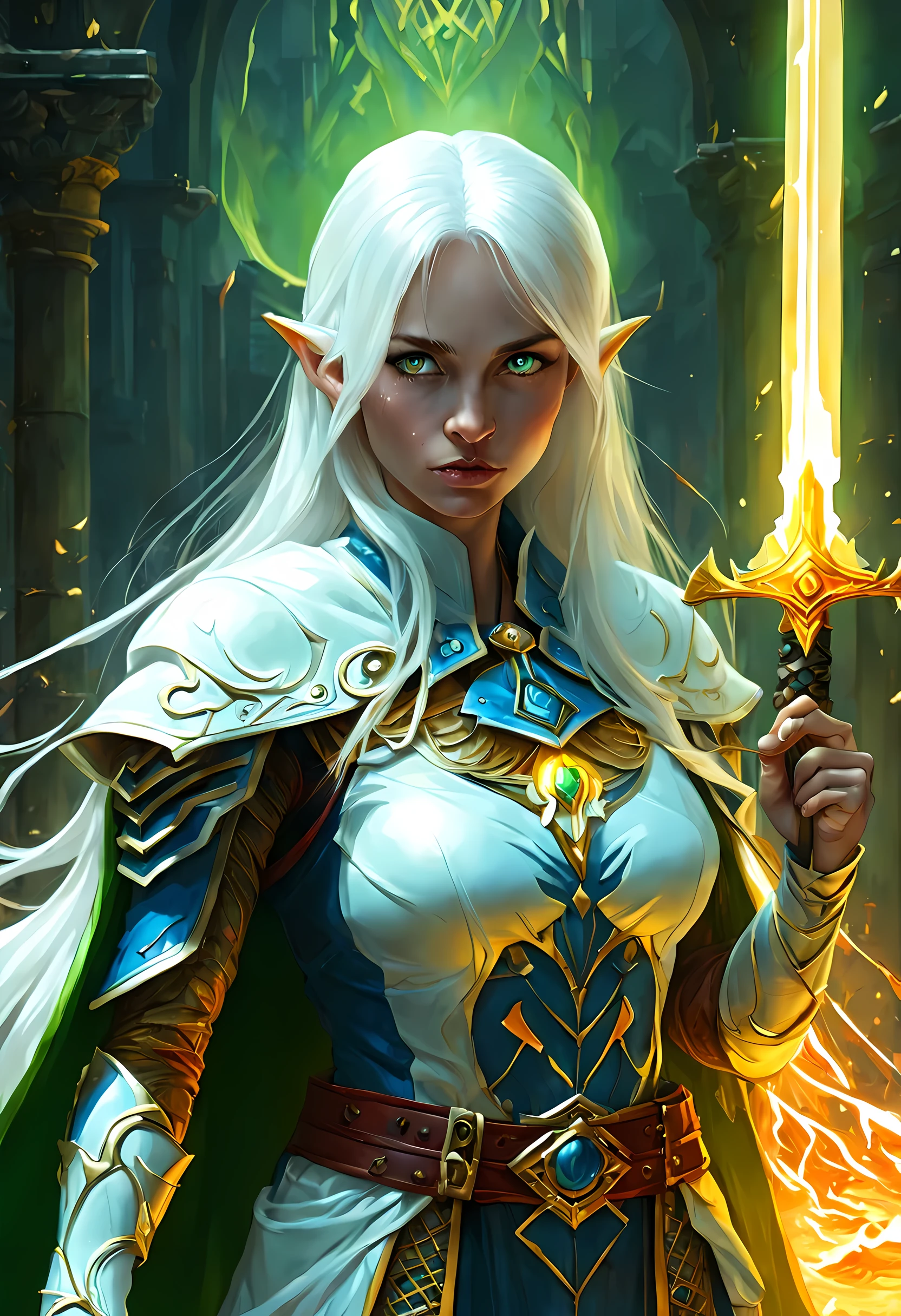 fantasy art, dnd art, RPG art, wide shot, (masterpiece: 1.4) a (portrait: 1.3) intense details, highly detailed, photorealistic, best quality, highres, GlowingRunesAI_yellow, portrait a female (fantasy art, Masterpiece, best quality: 1.3) bl3uprint (blue skin: 1.5, intense details facial details, exquisite beauty, (fantasy art, Masterpiece, best quality) cleric, (blue: 1.3) skinned female, (white hair: 1.3), long hair, intense (green: 1.3) eye, fantasy art, Masterpiece, best quality) armed a fiery sword red fire, wearing heavy (white: 1.3) half plate mail armor, wearing high heeled laced boots, wearing an(orange :1.3) cloak, wearing glowing holy symbol GlowingRunes_yellow, within fantasy temple background, reflection light, high details, best quality, 16k, [ultra detailed], masterpiece, best quality, (extremely detailed), close up, ultra wide shot, photorealistic, RAW, fantasy art, dnd art, fantasy art, realistic art,((best quality)), ((masterpiece)), (detailed), perfect face, ((no ears: 1.6))