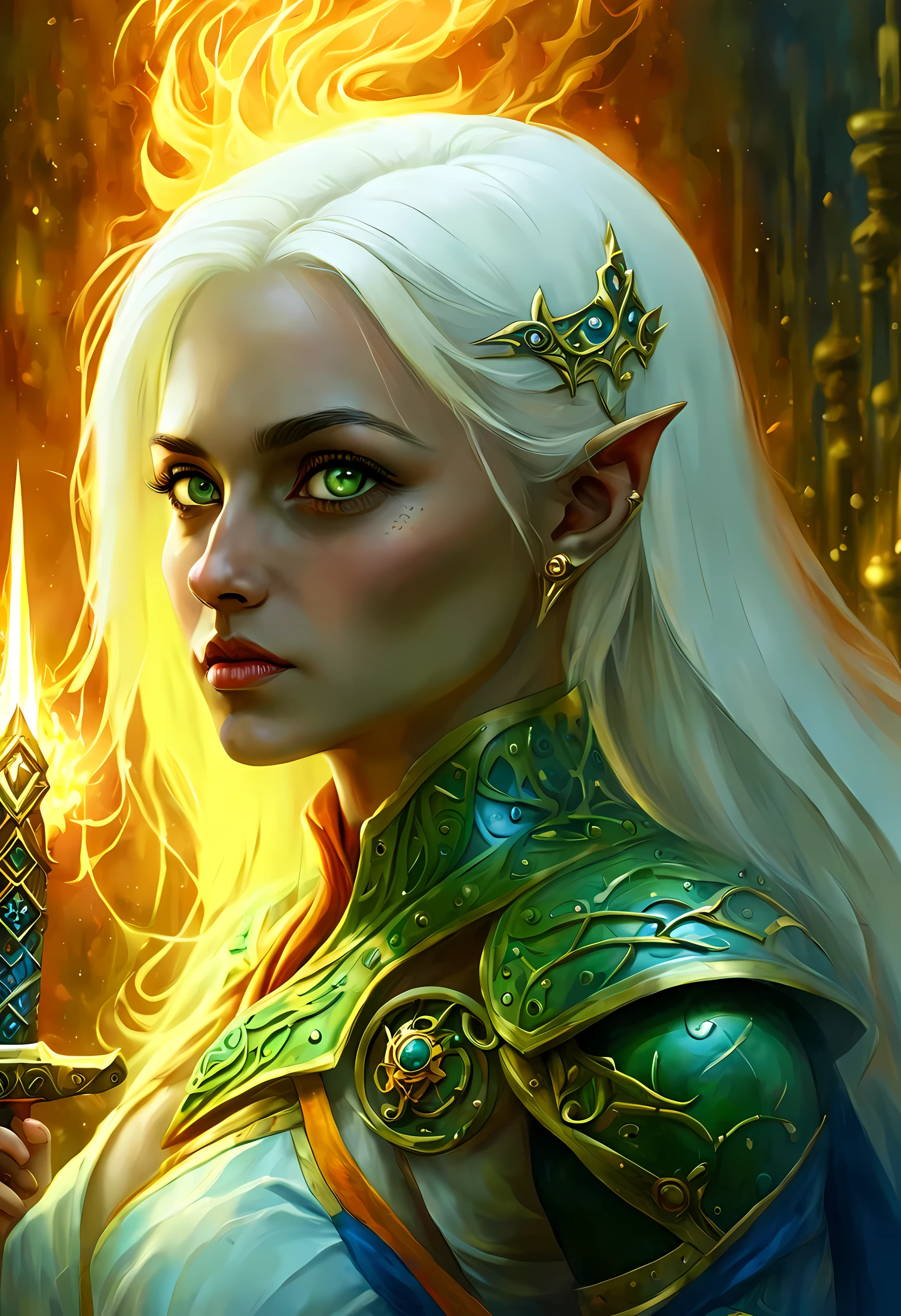 fantasy art, dnd art, RPG art, wide shot, (masterpiece: 1.4) a (portrait: 1.3) intense details, highly detailed, photorealistic, best quality, highres, GlowingRunesAI_yellow, portrait a female (fantasy art, Masterpiece, best quality: 1.3) bl3uprint (blue skin: 1.5, intense details facial details, exquisite beauty, (fantasy art, Masterpiece, best quality) cleric, (blue: 1.3) skinned female, (white hair: 1.3), long hair, intense (green: 1.3) eye, fantasy art, Masterpiece, best quality) armed a fiery sword red fire, wearing heavy (white: 1.3) half plate mail armor, wearing high heeled laced boots, wearing an(orange :1.3) cloak, wearing glowing holy symbol GlowingRunes_yellow, within fantasy temple background, reflection light, high details, best quality, 16k, [ultra detailed], masterpiece, best quality, (extremely detailed), close up, ultra wide shot, photorealistic, RAW, fantasy art, dnd art, fantasy art, realistic art,((best quality)), ((masterpiece)), (detailed), perfect face, ((no ears: 1.6))