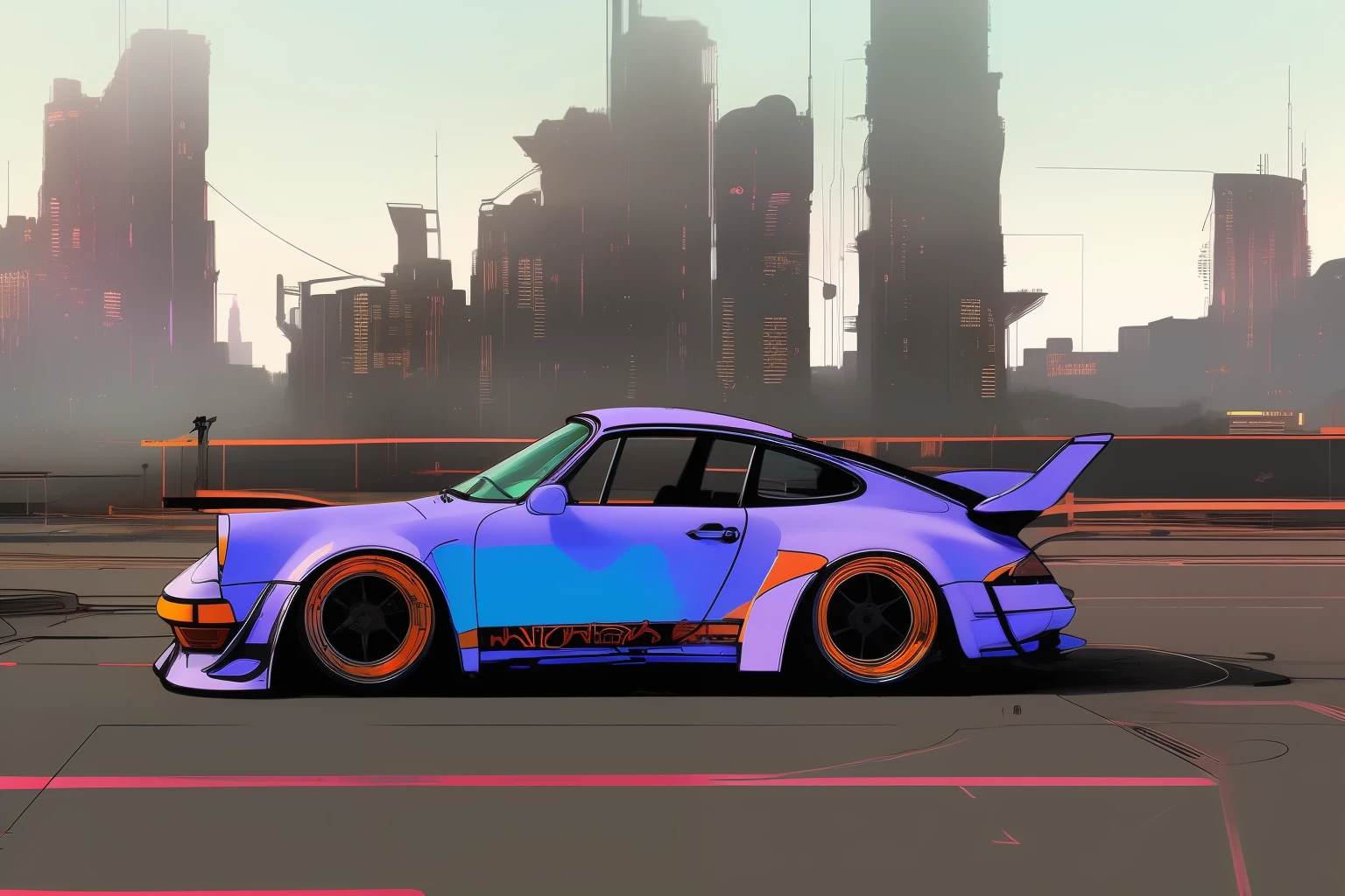 nvinkpunk, painting of a city with a Porsche 911 rwb rotting,wide bodykit, high quality,