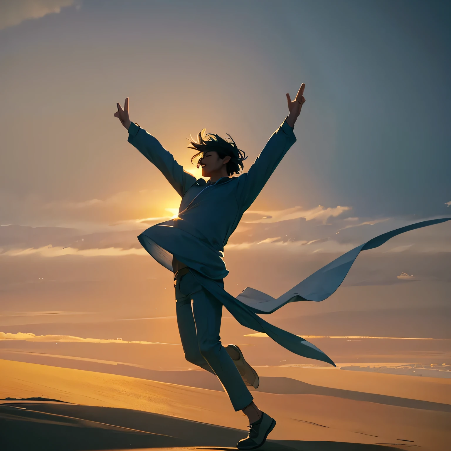 man hugging and dancing in the wind, imagem alta qualidade, efeito 3D, cinematic photographic quality, excellent lighting, estilo cartoon