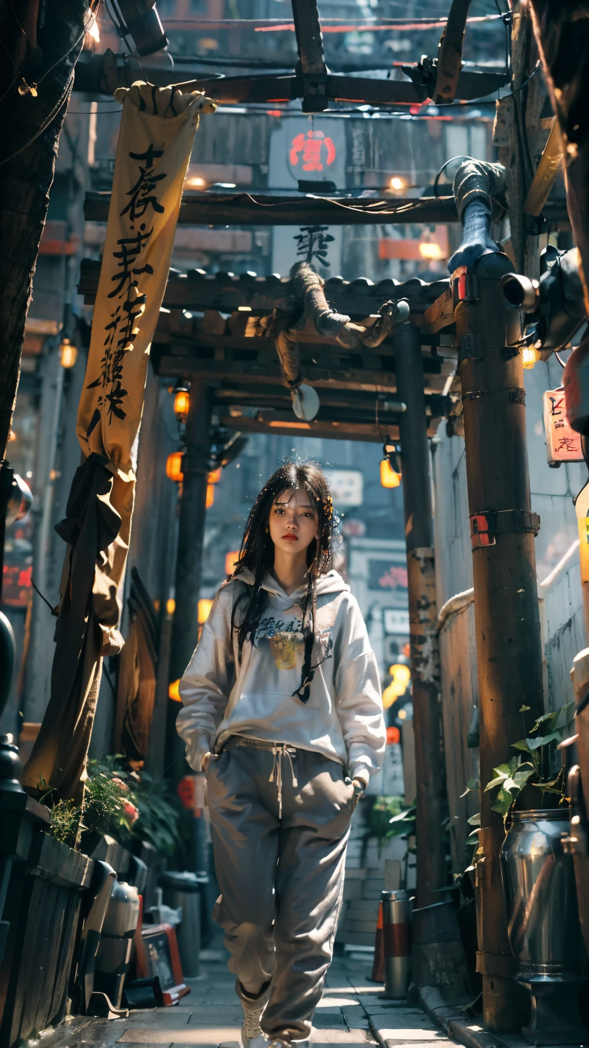 Best quality at best, Raw image, realistic texture, ((reflection)), steampunk city of japanese, village of japanese, japan gate, chinese architecture, japanese architecture, 1girl, camera focus object (focus in girl),(relax pose), relax hand, black gradient white hair, epic dramatic cinematic tone, soft lighting, (( perfect female hair masterpiece)), (SLIM long PANTS), hair with light black hair, 18-year-old face woman, eye detail masterpiece, pores1.5, detail skin masterpiece, realistic shadow, slender legs, very slender female physique, yellow jumper hoodie, oversize hoodie, cotton wearing detail masterpiece, realistic texture sneakers shoe, tall girl, brunette black hair, Chinese woman, Live the life of Riley, ((long solid cotton trousers)), clear sky, cyberpunk backpack, (youth sneaker shoe), ((Depht of field super bokeh)), reflection, lighting from sidemasterpiece, dramatic side lighting, Background blur, mystical dark japanese steampunk city neon glow light portal, light ray realistic masterpiece, warm sun light, warm ray light, glow light, random light color for the best combination, (best detail texture masterpiece (texture girl cotton wearing, realistic alleyway, realistic brick walls, realistic doors, realistic windows, realistic ground texture, realistic cobblestone, realistic paved ground, realistic street lights, realistic neon signs, realistic beverage cans, realistic bottles, realistic posters, realistic graffiti, realistic drain pipes, realistic wiring, realistic sky, realistic rooftop, realistic plants, realistic weeds, realistic parked bicycles, realistic wood material, realistic puddles, realistic wet)), vivid color, vivid glow color masterpiece, slim cotton trousers, youth hoodie, super detail of cotton wearing, beauti face, ((random best contrast setting)), japan village, ((japanese building)), cyberpunk city, realistic water, water in the ground, wet in the ground, (ultra detail wall texture),((vivid color)), japanese bell