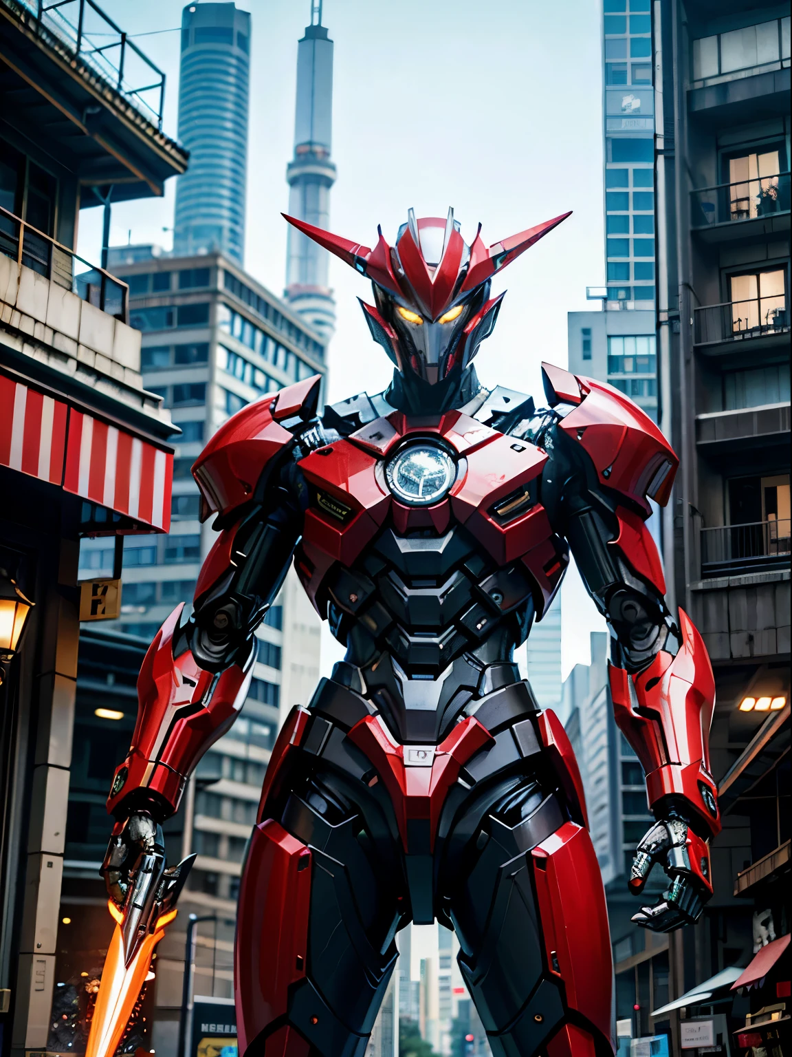Foto bruta,escuro_Fantasia, Ciberpunk, (Large revolver, Homem Espada, Vermelho: 1.1), 1 homem, mechanical marvel, Robotic presence, cyber guardian, rua, destroyed building