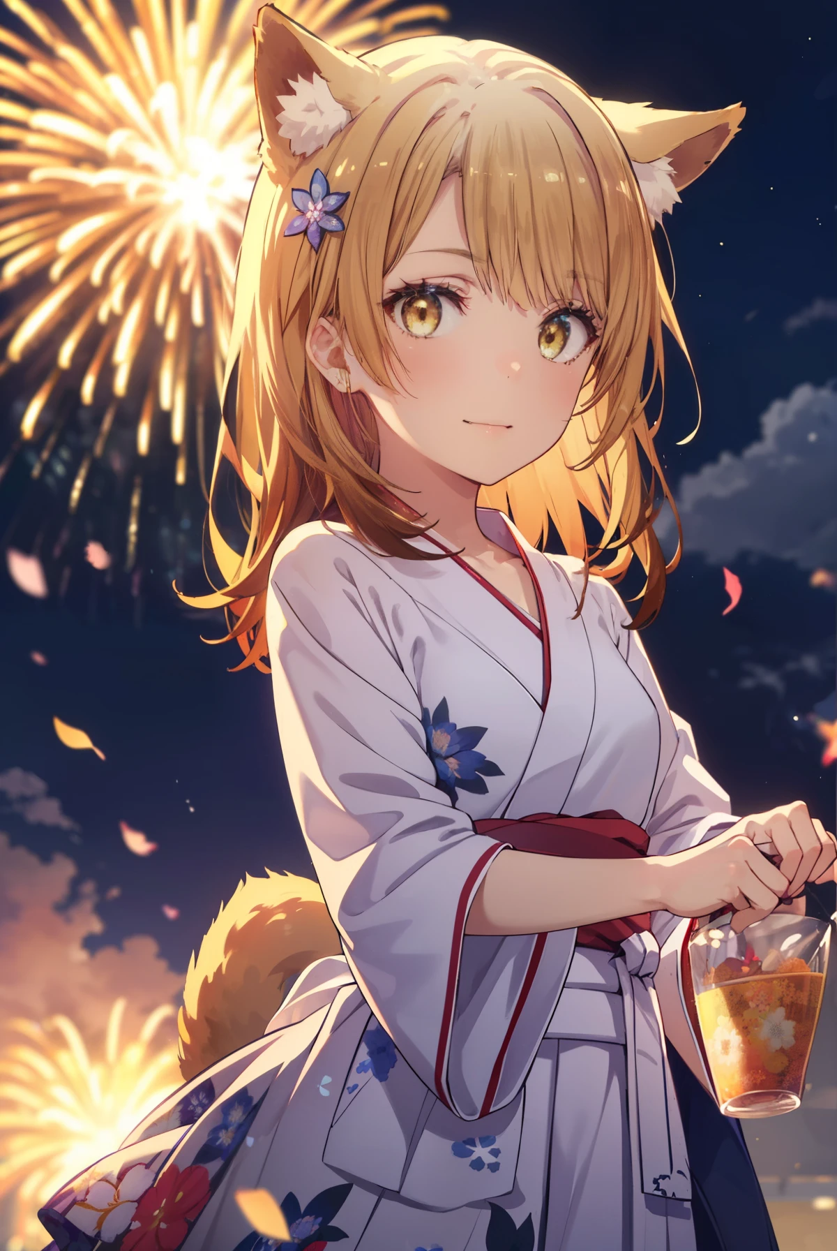 irohaisshiki, Isshiki Iroha, long hair, brown hair, (brown eyes:1.5), smile,animal ears,fox ears,Animal tail　fox tail,flower hair ornament,Yukata with yellow floral pattern,long skirt,Zori sandals,firework in the night sky,firework,The place is a firework display,Time is night,sunny day,So that the whole body is included in the illustration,
break outdoors, 神社
break looking at viewer,
break (masterpiece:1.2), highest quality, High resolution, unity 8k wallpaper, (shape:0.8), (beautiful and detailed eyes:1.6), highly detailed face, perfect lighting, Very detailed CG, (perfect hands, perfect anatomy),