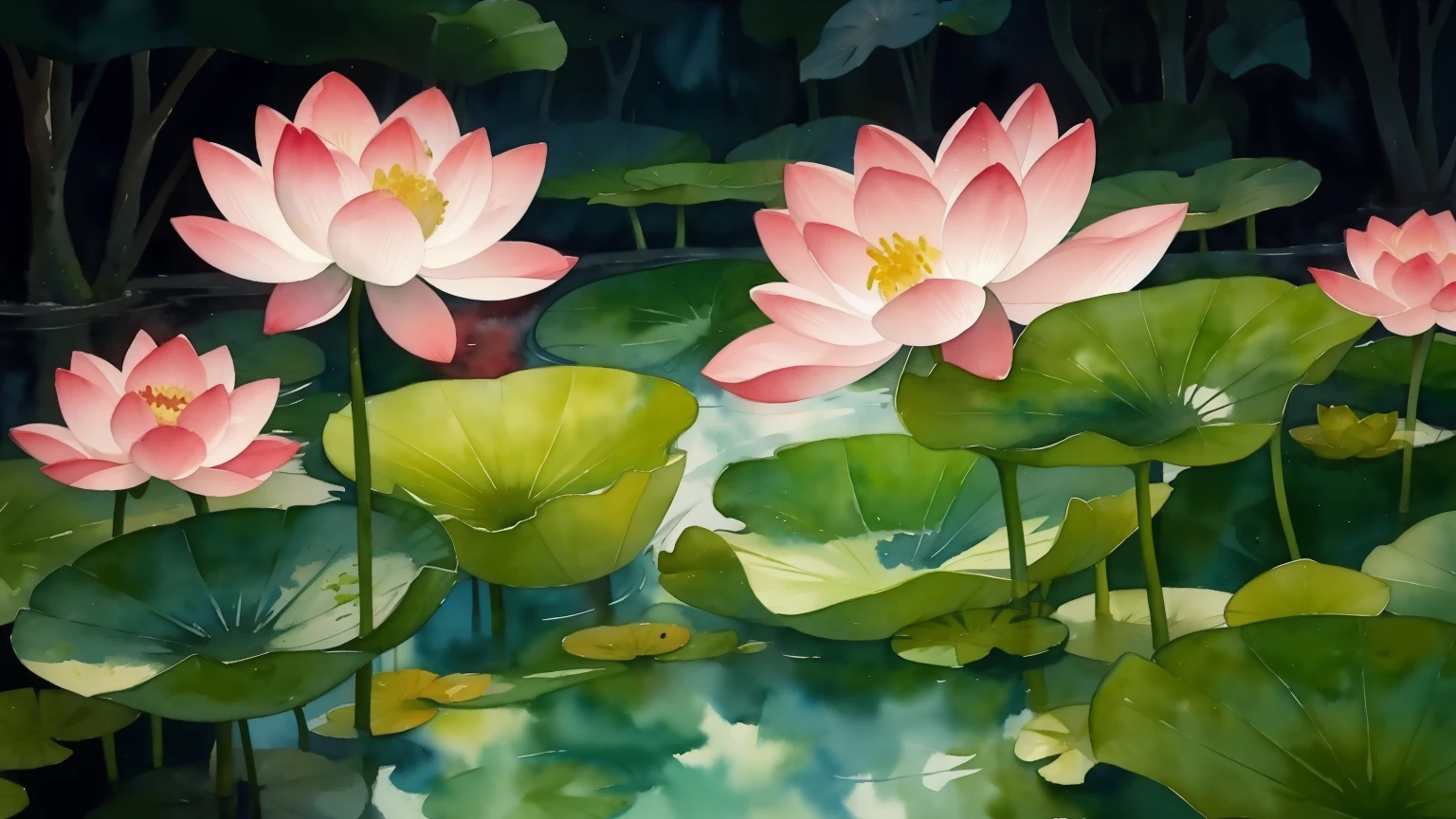 watercolor paint, lotus, flowers blooming in a pond of green leaves,