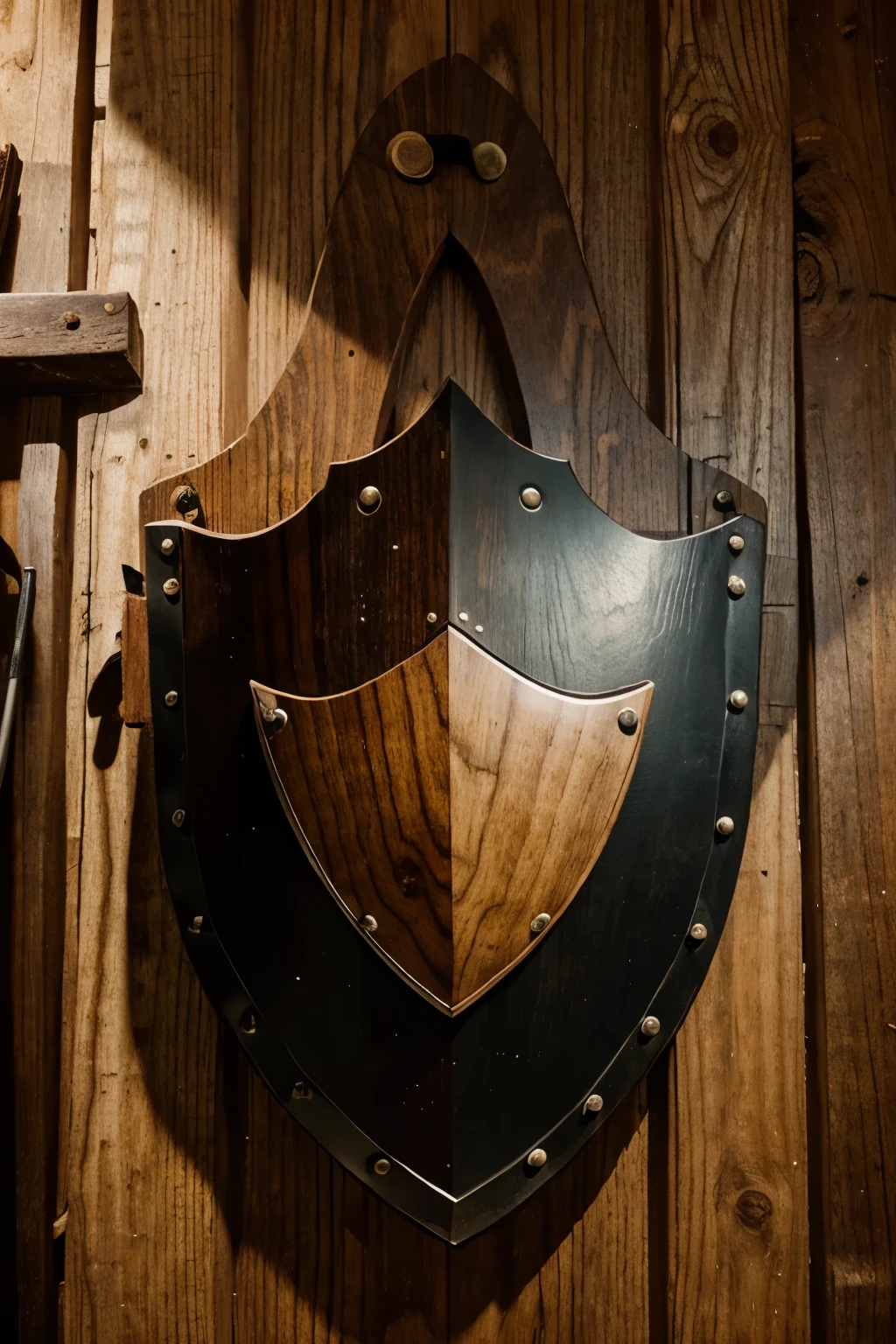 emblem for carpentry workshop, made from dark wood and covered leather, in the form of a shield and chisel, hanging on the wall, a hand saw and a hammer are attached to the shield 