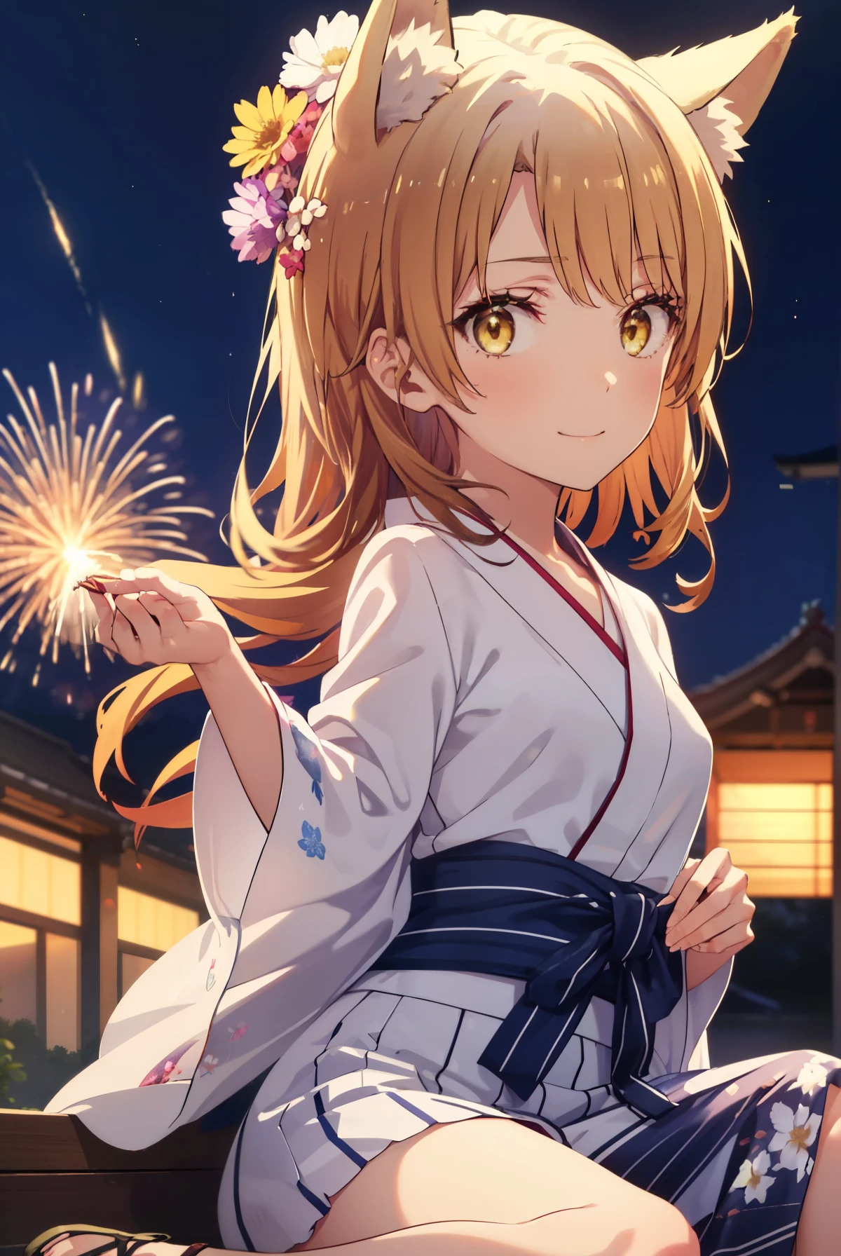 irohaisshiki, Iroha Isshiki, Long Hair, Brown Hair, (Brown eyes:1.5), smile,Yellow kimono,Thick sleeves,Long skirt,White tabi,Sandals,日本のFestivalり,夏Festivalりの屋台,Red lantern,Fireworks in the night sky、Fireworks,The place is a fireworks display,Time is night,sunny day,whole bodyがイラストに入るように,歩いている
break outdoors, Festival,
break looking at viewer,whole body,
break (masterpiece:1.2), highest quality, High resolution, unity 8k wallpaper, (figure:0.8), (Beautiful fine details:1.6), Highly detailed face, Perfect lighting, Highly detailed CG, (Perfect hands, Perfect Anatomy),
