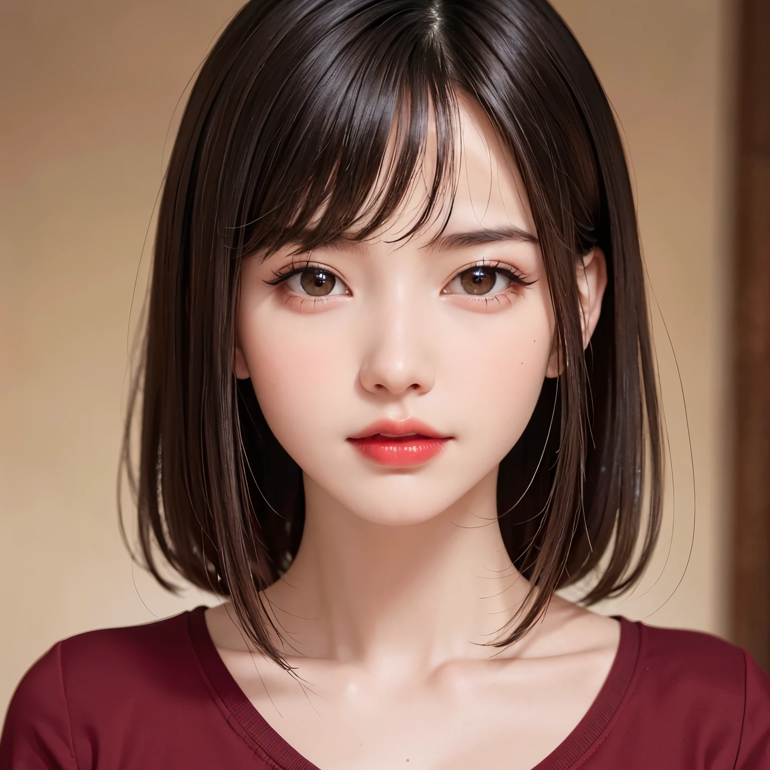 (highest quality、table top、8K、best image quality、Award-winning work)、(1 young girl, :1.05)、(Perfect V-neck red long knit sweater:1.2)、(perfect red v neck sweater:1.1)、(red eyeshadow:1.2)、perfect makeup、long eyelashes、Super high-definition sparkling eyes、ultra high definition hair、ultra high resolution glossy lips、Super high resolution perfect teeth、Super high resolution cute face、brown hair、(very short straight hair:1.1)、look at me and smile、[clavicle]、accurate anatomy、(close up of face:1.5)、Luxury love hotel、(The most moody warm lighting:1.2)、blurred background、With bangs、Super high-resolution glossy and moisturized face、Super high resolution glowing fair skin、most detailed face、Ultra high resolution detailed faces、super high resolution hair、Super high resolution sparkling eyes、Beautiful face drawn in great detail、Super high resolution glossy red lips