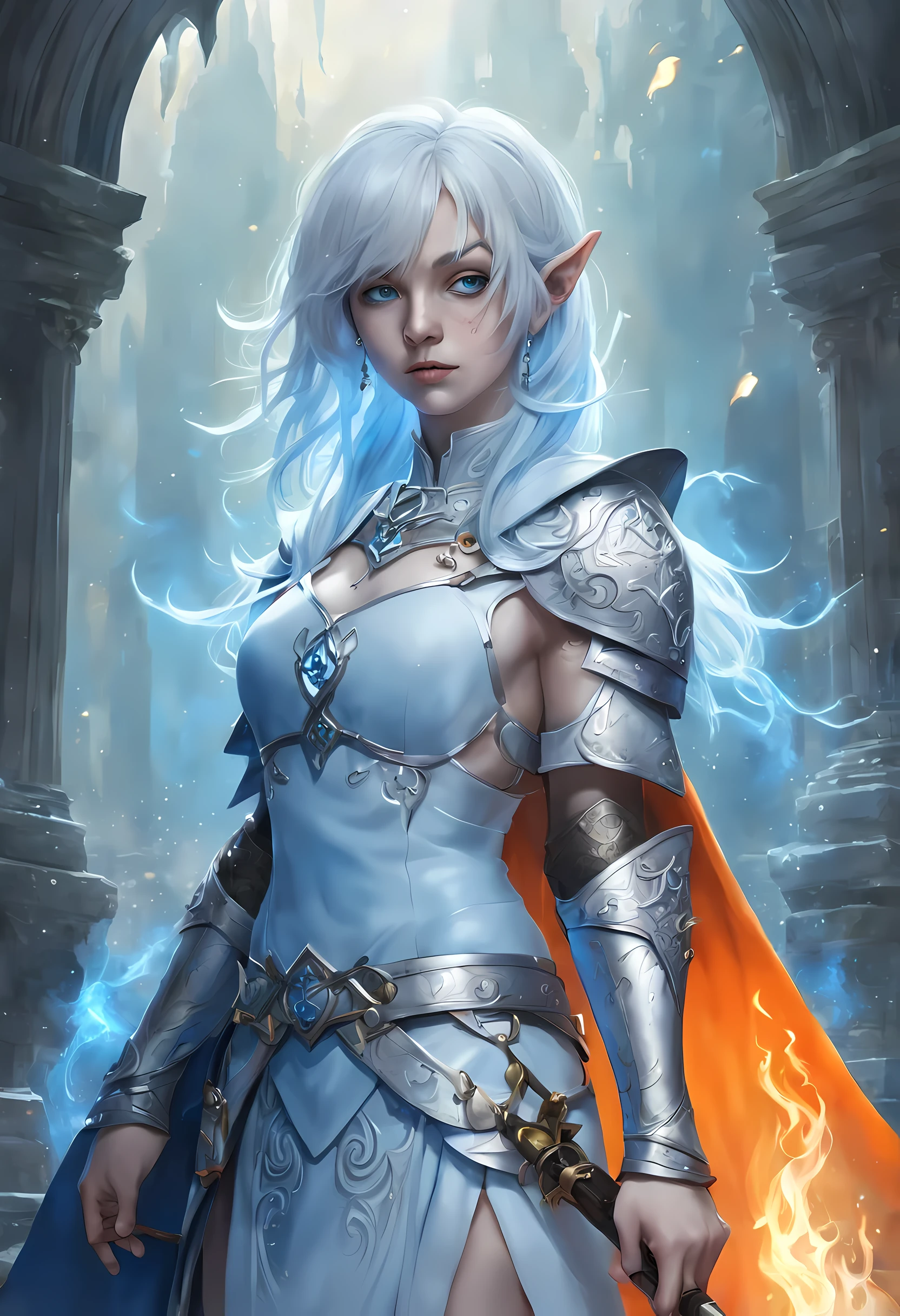 fantasy art, dnd art, RPG art, wide shot, (masterpiece: 1.4) a (portrait: 1.3) intense details, highly detailed, photorealistic, best quality, highres, portrait a female (fantasy art, Masterpiece, best quality: 1.3) bl3uprint (blue skin: 1.5), intense details facial details, exquisite beauty, (fantasy art, Masterpiece, best quality) cleric, (blue: 1.3) skinned female, (white hair: 1.3), long hair, intense (green: 1.3) eye, fantasy art, Masterpiece, best quality) armed a fiery sword red fire, wearing heavy (white: 1.3) half plate mail armor, wearing high heeled laced boots, wearing an(orange :1.3) cloak, wearing glowing holy symbol GlowingRunes_yellow, within fantasy temple background, reflection light, high details, best quality, 16k, [ultra detailed], masterpiece, best quality, (extremely detailed), close up, ultra wide shot, photorealistic, RAW, fantasy art, dnd art, fantasy art, realistic art,((best quality)), ((masterpiece)), (detailed), perfect face, ((no ears: 1.6))