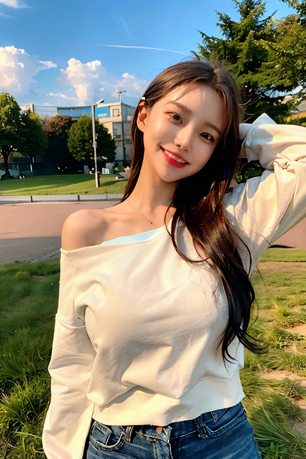 best quality, Ultra high resolution, (fotorealistisch:1.4), 1girl, Off-Shoulder-Sweatshirt, smiling, (verblasstes, aschgraues, unordentliches Dutthaar:1), Grenzlicht, depth of field, (big :1.2), Blick auf den Betrachter, Nahaufnahme