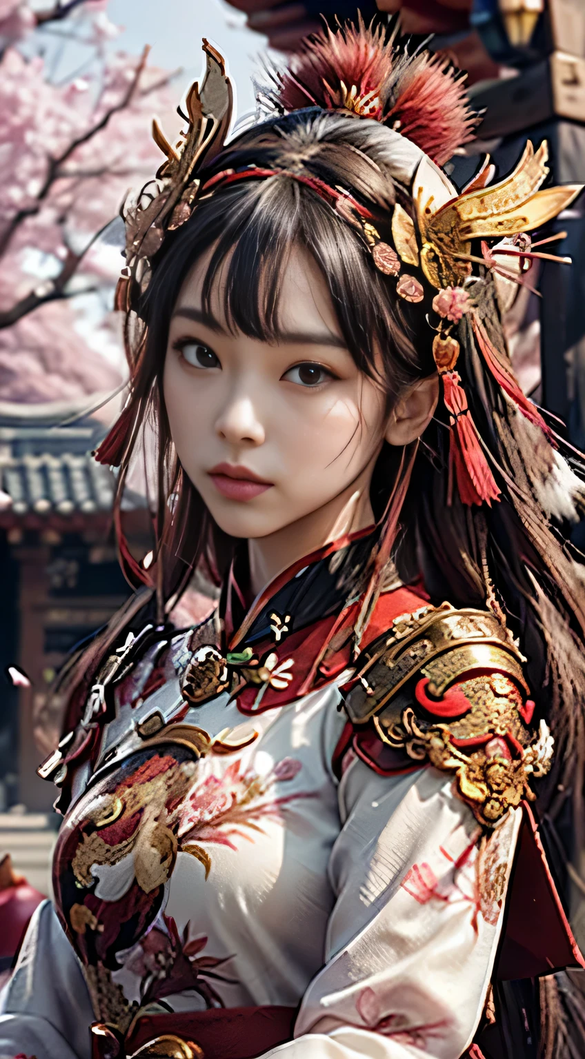 Close up shot, Dragon and Cherry Blossom Fusion: Combine the symbolism of dragons with the beauty of cherry blossoms in a portrait of a Vietnamese woman. Picture her wearing an ao dai adorned with dragon patterns, surrounded by blooming cherry blossoms. This idea blends two powerful symbols of Tet — the dragon and the cherry blossom — in a harmonious and visually stunning composition.