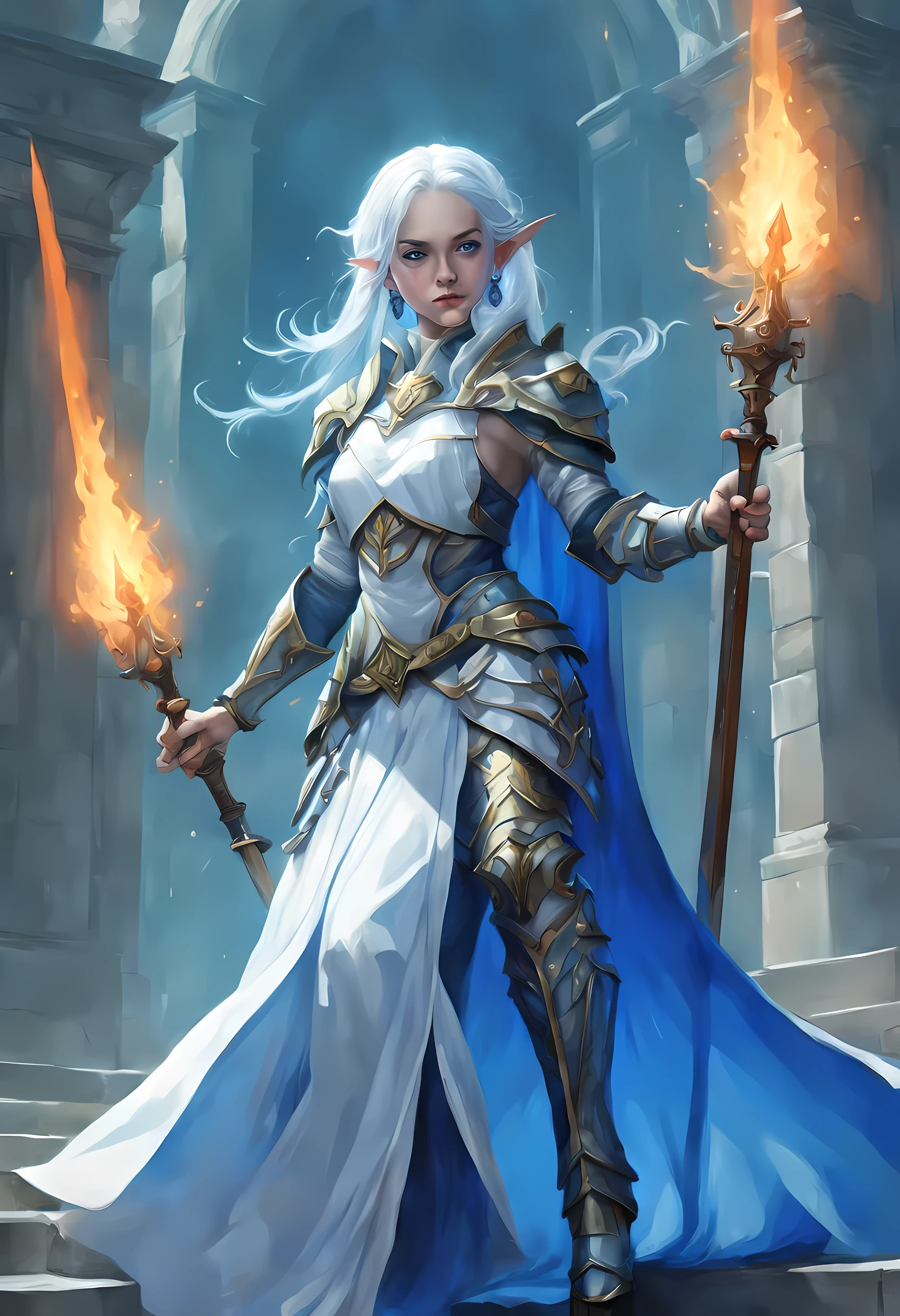 fantasy art, dnd art, RPG art, wide shot, (masterpiece: 1.4) a (portrait: 1.3) intense details, highly detailed, photorealistic, best quality, highres, portrait a female (fantasy art, Masterpiece, best quality: 1.3) bl3uprint (blue skin: 1.5), intense details facial details, exquisite beauty, (fantasy art, Masterpiece, best quality) cleric, (blue: 1.3) skinned female, (white hair: 1.3), long hair, intense (green: 1.3) eye, fantasy art, Masterpiece, best quality) armed a fiery sword red fire, wearing heavy (white: 1.3) half plate mail armor, wearing high heeled laced boots, wearing an(orange :1.3) cloak, wearing glowing holy symbol GlowingRunes_yellow, within fantasy temple background, reflection light, high details, best quality, 16k, [ultra detailed], masterpiece, best quality, (extremely detailed), close up, ultra wide shot, photorealistic, RAW, fantasy art, dnd art, fantasy art, realistic art,((best quality)), ((masterpiece)), (detailed), perfect face, ((no ears: 1.6))