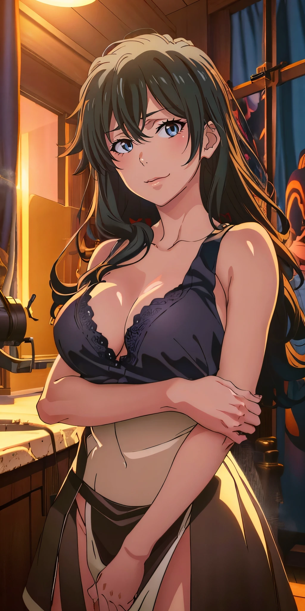 (yukinoshita_yukino:1.1), long hair, black hair, grey eyes, breasts, epic art, fantasy, breasts, solo, (shaded face:1.2), hollow eyes, (x-shaped eyes, symbol shaped eyes, cross eyes), looking at viewer, embarrassed, lips, makeup, brown eyes, blush face, steaming face, clenched teeth, breasts, solo_focus, tank_top, large_breasts, cleavage, indoors, looking_at_viewer, black_skirt, upper body, glow effects, godrays, Hand drawn, render, 8k, octane render, cinema 4d, blender, dark, atmospheric 4k ultra detailed, cinematic, Sharp focus, big depth of field, Masterpiece, colors, 3d octane render, 4k, concept art, trending on artstation, hyperrealistic, Vivid colors, extremely detailed CG unity 8k wallpaper, trending on CGSociety, Intricate, High Detail, dramatic, anime coloring, anime screencap, steaming body, fog, heavy breathing, nsfw art, full body