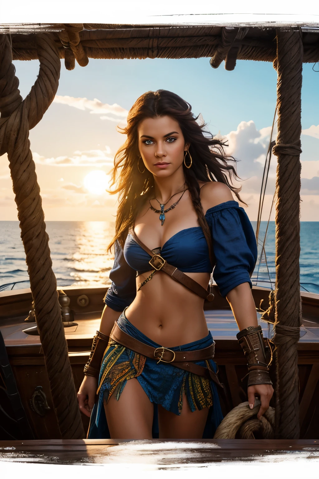 A fierce and fearless pirate girl, with a sun-kissed complexion and captivating blue eyes, confidently stands at the helm of a majestic sailing ship. Her dark, tousled hair cascades down her back as she commands the vessel with a determined gaze, embodying the spirit of adventure. A colorful parrot perches on her right shoulder, its vibrant feathers mirroring the hues of the tropical sunset. Every intricate detail of her pirate attire, from the weathered leather boots to the billowing pirate flag, is meticulously rendered with exceptional quality, bringing this swashbuckling scene to life. The image captures the essence of the girl's adventurous spirit, her pose radiating confidence and determination. The composition is a masterpiece, with sharp focus highlighting