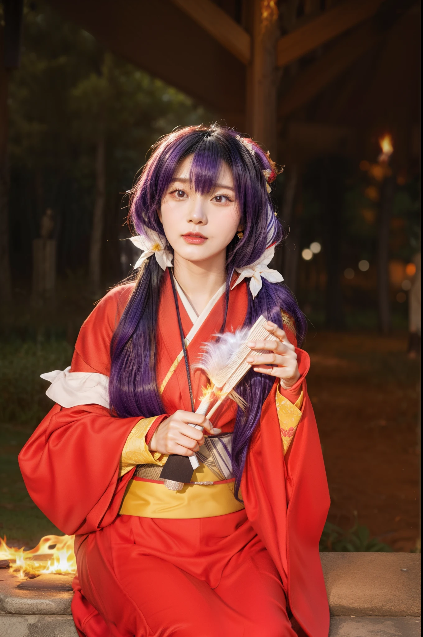 ((Asian girl)), Girl wearing red kimono, sitting on a stone platform in the park, holding a white fan in both hands, anime girl cosplay, cosplay, the sorceress casting a fireball, casting a fire spell, fire spell, professional cosplay, 4K, realistic texture, photorealistic:1.6, photo raw:1.66, high-quality, ultra quality:2, super realistic:2, ((real hair:1.633)), ((perfect face)),  REAL SKIN:1.62, (purple hair:1.163), natural skin, asian skin, ((perfect nose))
