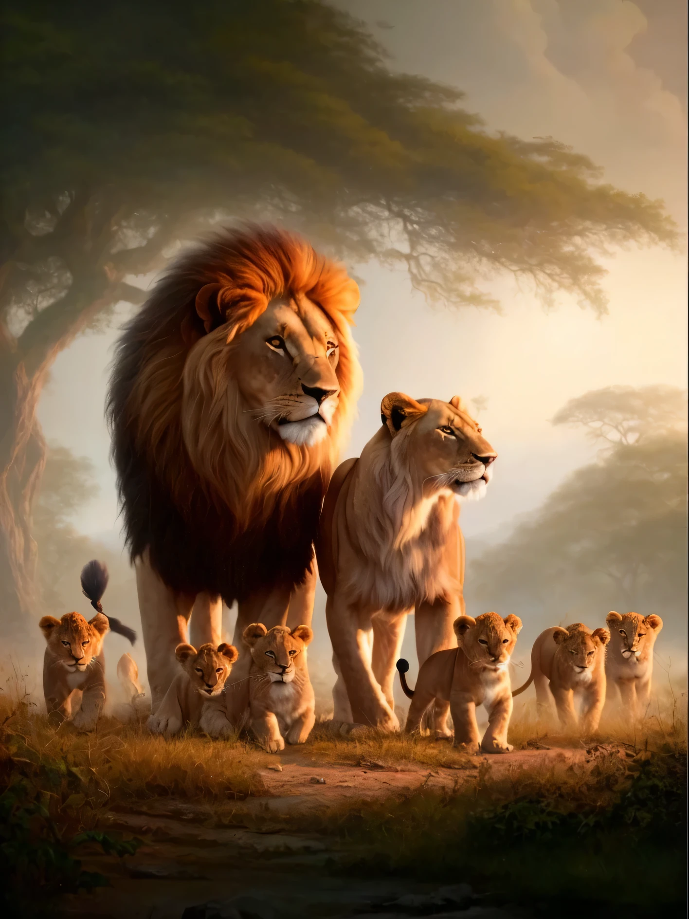 família de lions caminhando na selva com seus filhotes, lions, The Lion King, family portrait, wallpaper mobile, Tenente Alexander Kucharsky, Inspirado em Mark Keathley, fantastic art, por Bob Eggleton, pó László Balogh, pintura majestosa, lisa parker, por Brian Despain, Jantar realista, John Banovich, the lion