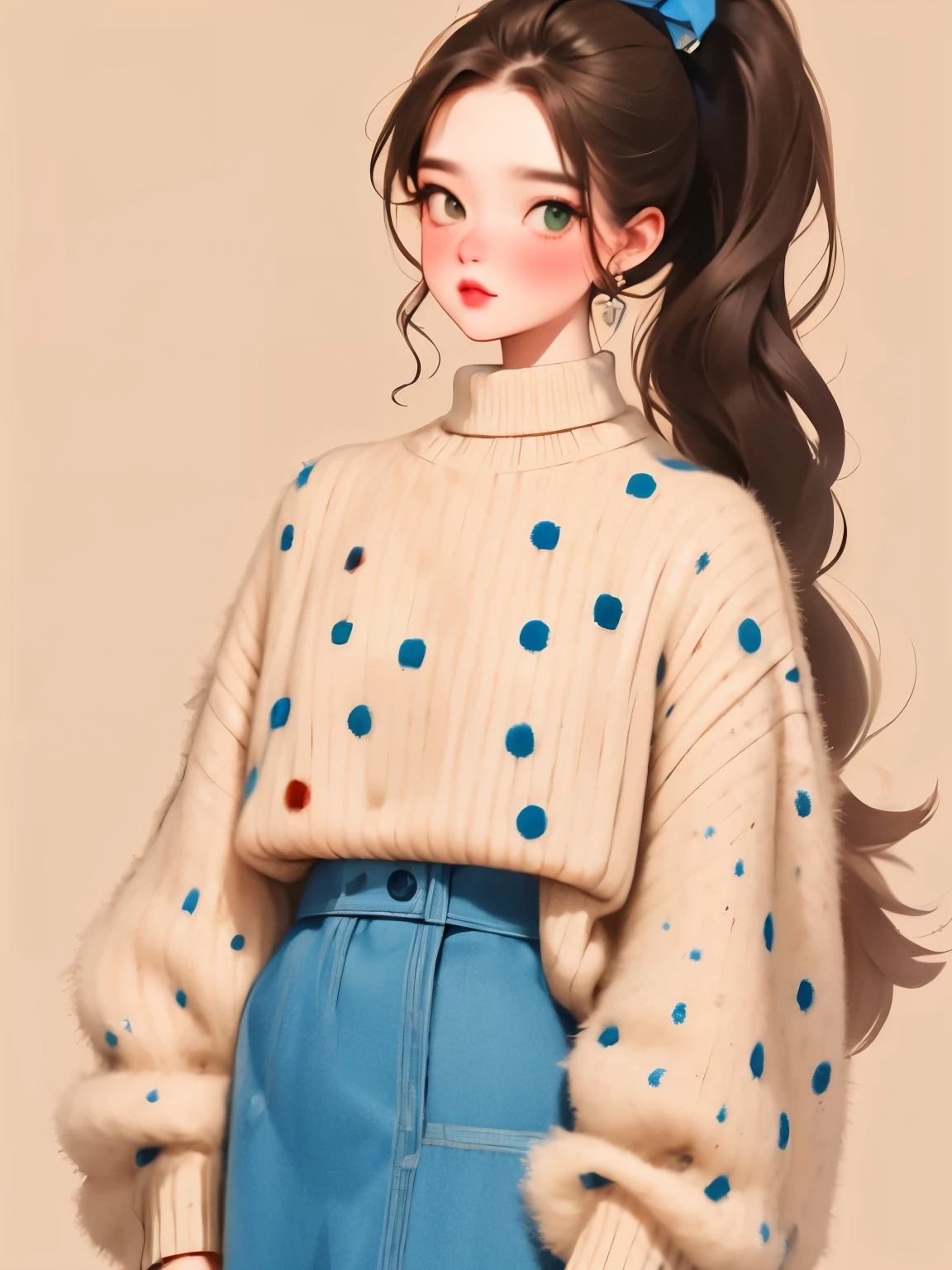 (masterpiece, best quality:1.2),illustration art，watercolor painting，black irregular lines，a beautiful girl，Skin detail processing，The eyes are finely described，Delicate hair，ponytail，Loose and slouchy sweater，White geometric pattern，Sweater details，hairy，Warm，Similar to skirt，Retro contrasting colors，flower brooch，clean background，green，blue，red，
