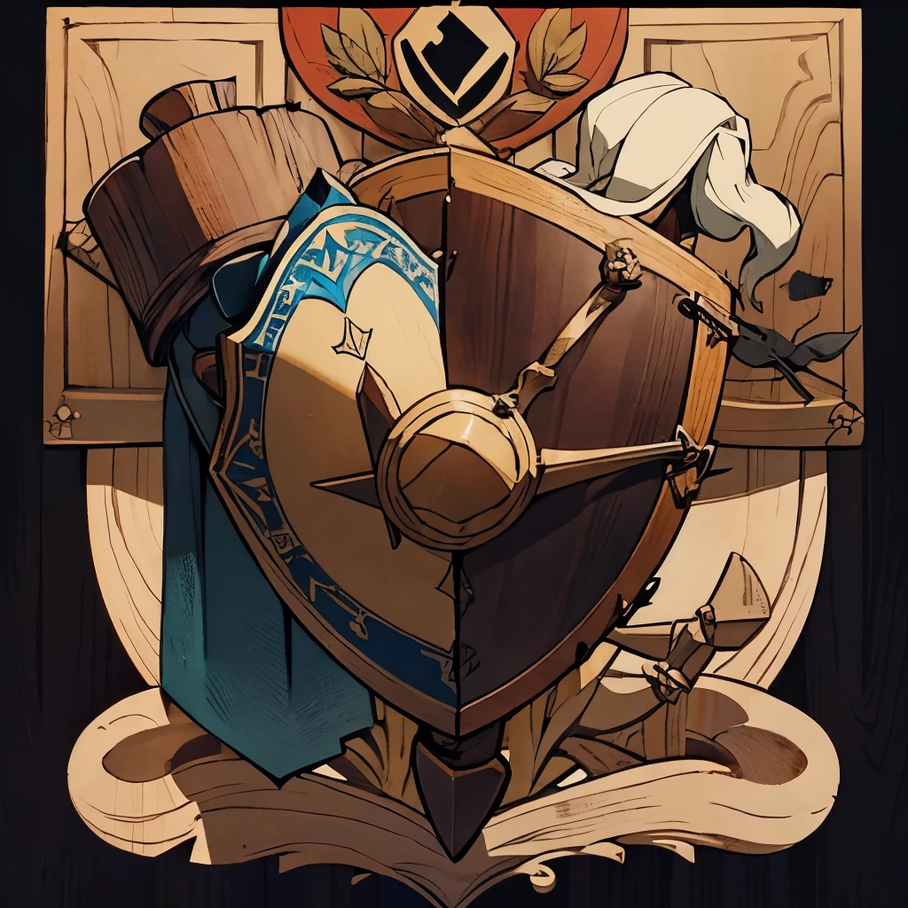 emblem for carpentry workshop, made from dark wood and covered leather, in the form of a shield and chisel, hanging on the wall, a hand saw and a hammer are attached to the shield