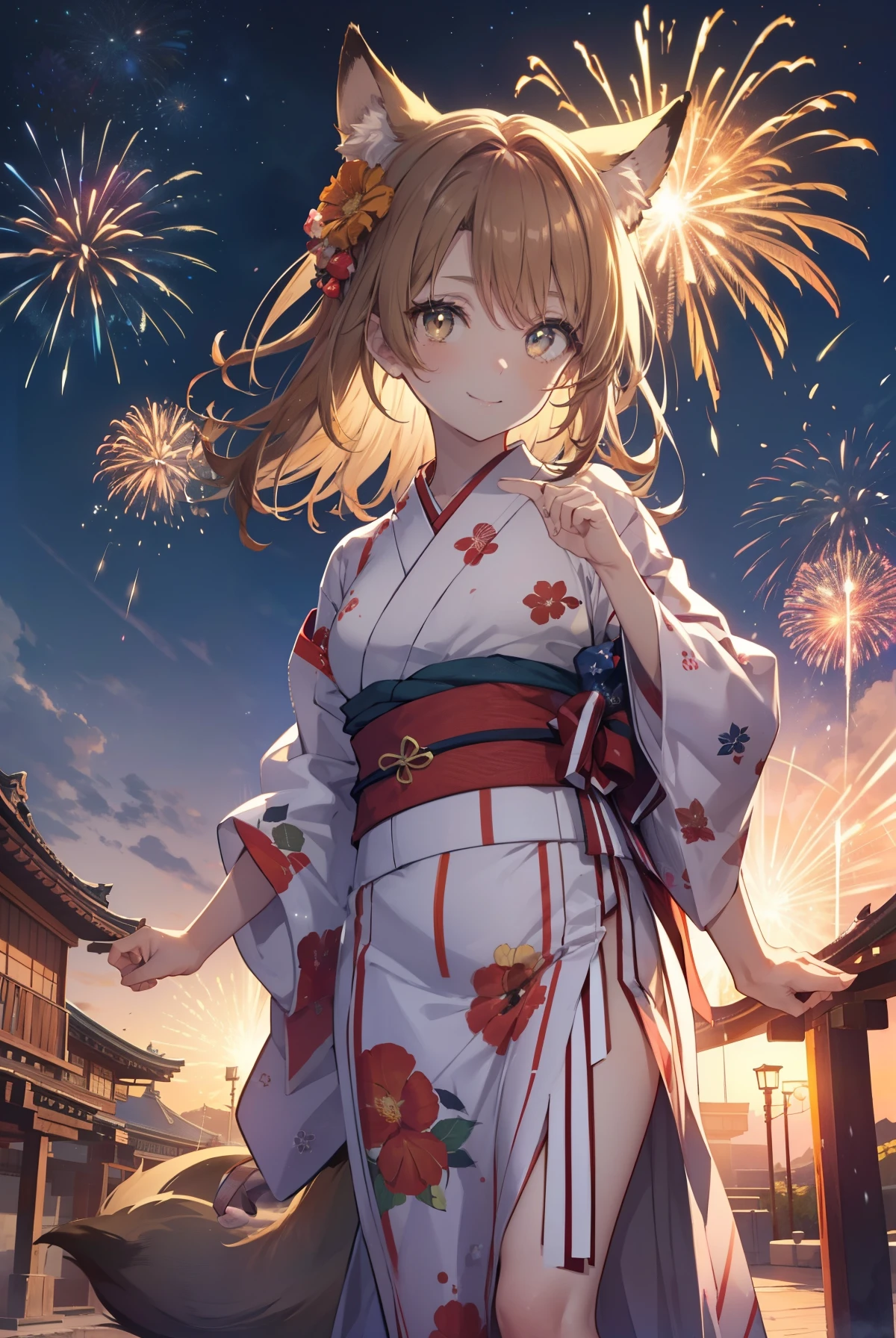 irohaisshiki, Isshiki Iroha, long hair, light brown hair, (brown eyes:1.5), smile,animal ears,fox ears,Animal tail fox tail,flower hair ornament,Yukata with yellow floral pattern,long skirt,Zori sandals,firework in the night sky,firework,The place is a firework display,Time is night,sunny day,So that the whole body is included in the illustration,
break outdoors, 神社
break looking at viewer,
break (masterpiece:1.2), highest quality, High resolution, unity 8k wallpaper, (shape:0.8), (beautiful and detailed eyes:1.6), highly detailed face, perfect lighting, Very detailed CG, (perfect hands, perfect anatomy),