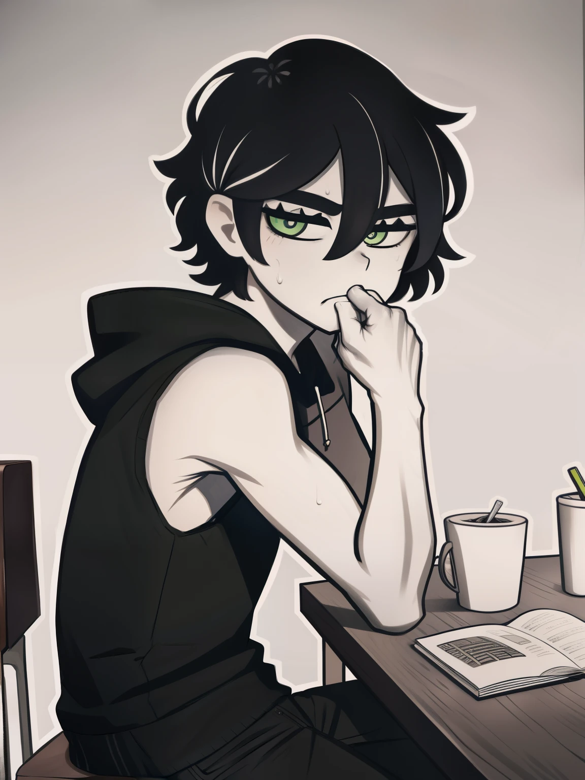 highres, monochrome,tcoaal, solo, looking at viewer, short hair, shirt, 1boy, Andy graves, hair between eyes, closed mouth,black hair, green eyes, Body, Sleeveless hoodie, seen from the side, Sitting in a chair, Hands on the table, Eating, male focus, Sweat, Simple background, messy hair, bright pupils, outline, white pupils, white outline,