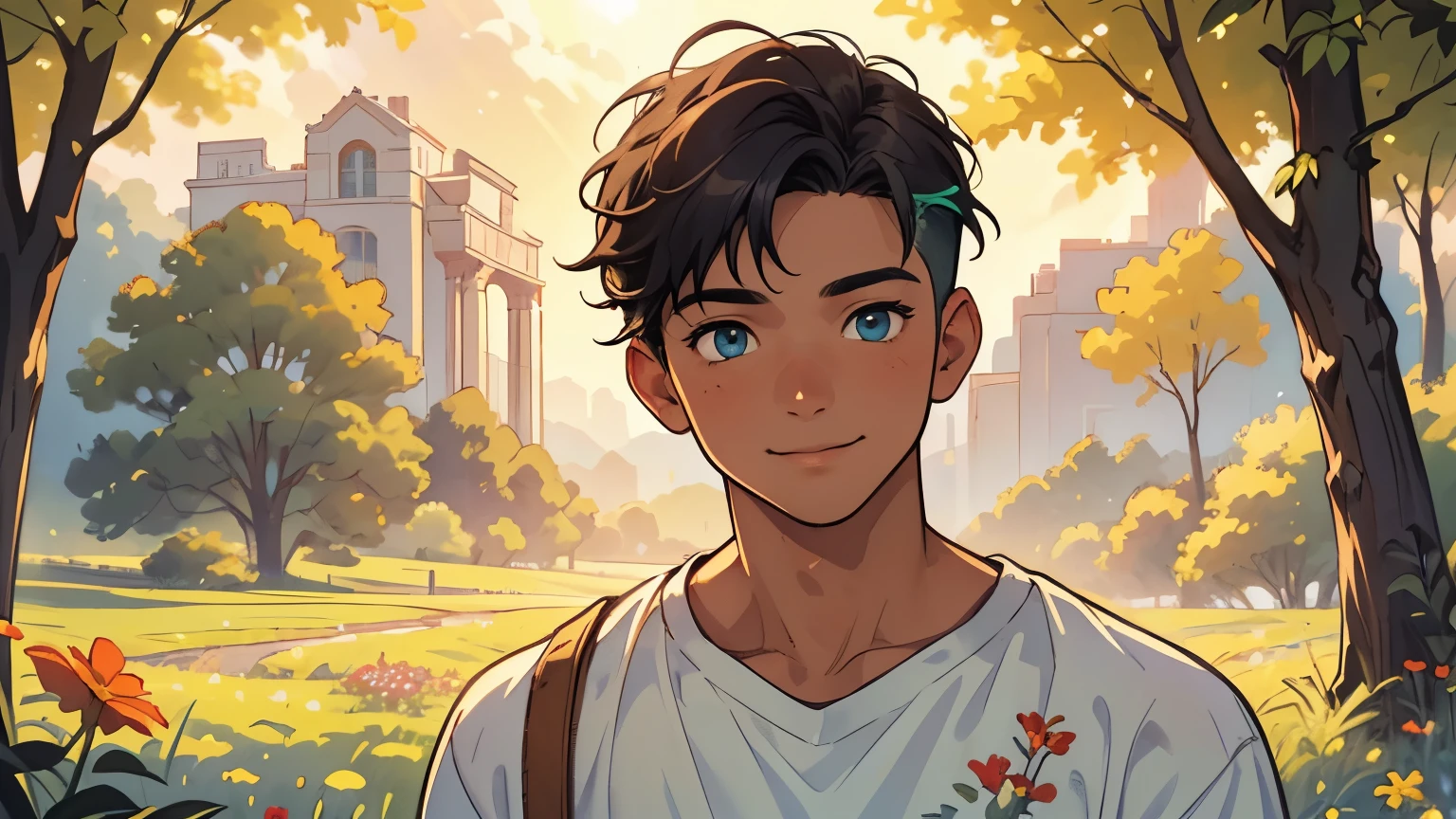 (best quality,highres:1.2),ultra-detailed,realistic (portrait:0.9) of a confident 18-year-old boy in (casual clothes) standing in the middle of a (sunlit open field). The boy has (striking blue eyes) that shine with (determination:1.1), and his (dark brown hair) is styled in a (trendy undercut). He has a (strong jawline:1.1) and a (charming smile) with (pronounced dimples).
The painting is done in a (classical oil painting) style, with (vivid colors) that bring out the boy's youthfulness. The artist has paid attention to (every tiny detail:1.1), from the intricate brushwork that brings out the texture of the boy's skin to the delicate rendering of his (long eyelashes). The background consists of a (vibrant green landscape) with (rolling hills) and (colorful wildflowers), adding a sense of (serenity) and (natural beauty) to the scene.
The lighting in the painting is (soft and warm), with (rays of golden sunlight) casting a gentle glow on the boy's face and illuminating the field. The artist has captured the essence of the boy's youth and confidence, creating a (captivating and lifelike) portrait that showcases the boy's vibrant personality and potential.