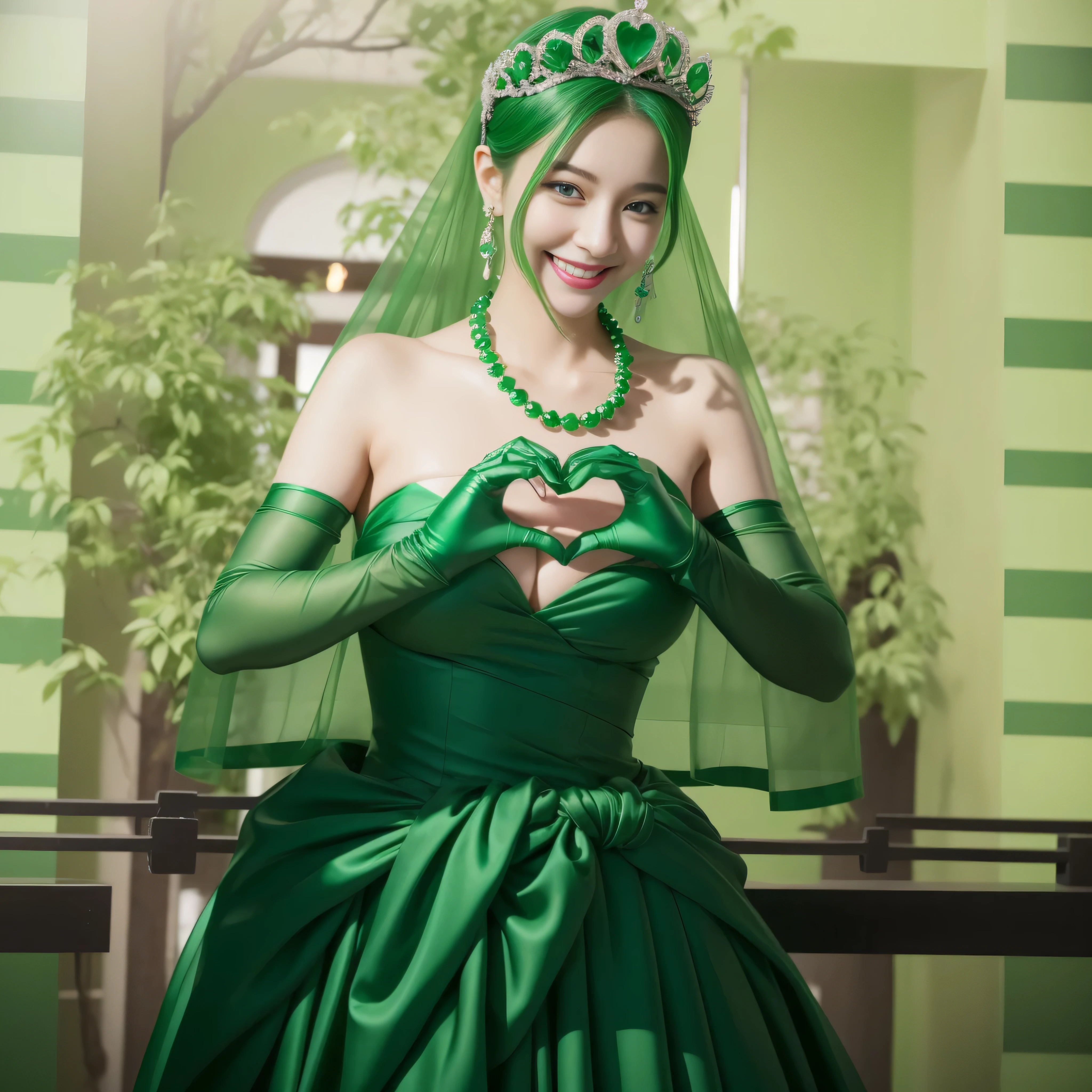 emerald tiara, green pearl necklace, ボーイッシュな非常に短いgreen hair, green lips, smiling Japanese woman, very short hair,  Beauty with ?????????????, green eyes, Long Green Satin Gloves, green eyes, emerald earrings, green veil, heart with both hands, green hair, beautiful japanese woman, heart shaped hands:1.3, green lip gloss