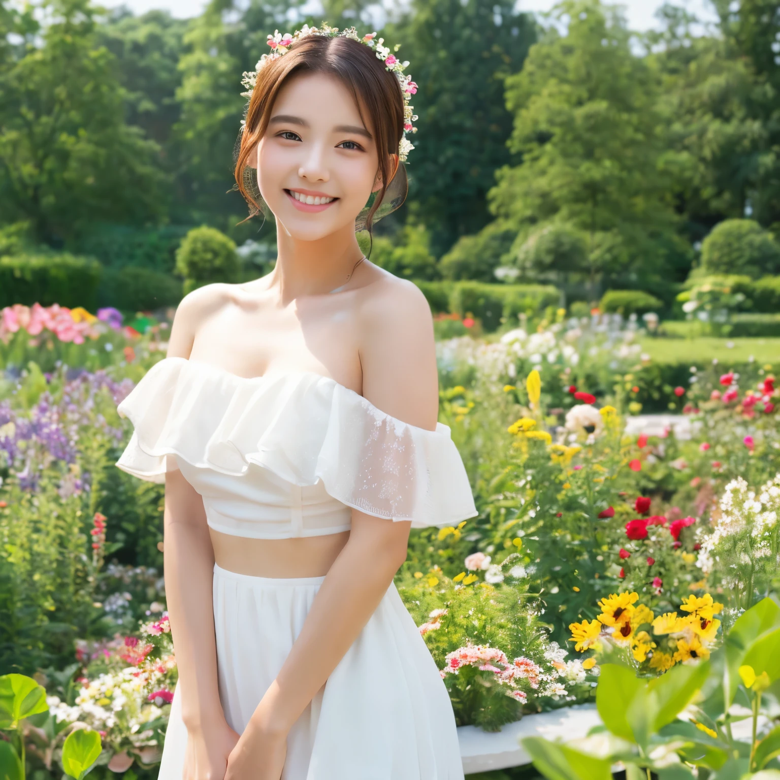 highest quality, masterpiece, ultra high resolution, (realistic:1.4), RAW photo, 1 girl, white dress, off shoulder, flower garden, glowing skin, light smile,G cup,Navel exposed,anime,bikini,sweaty