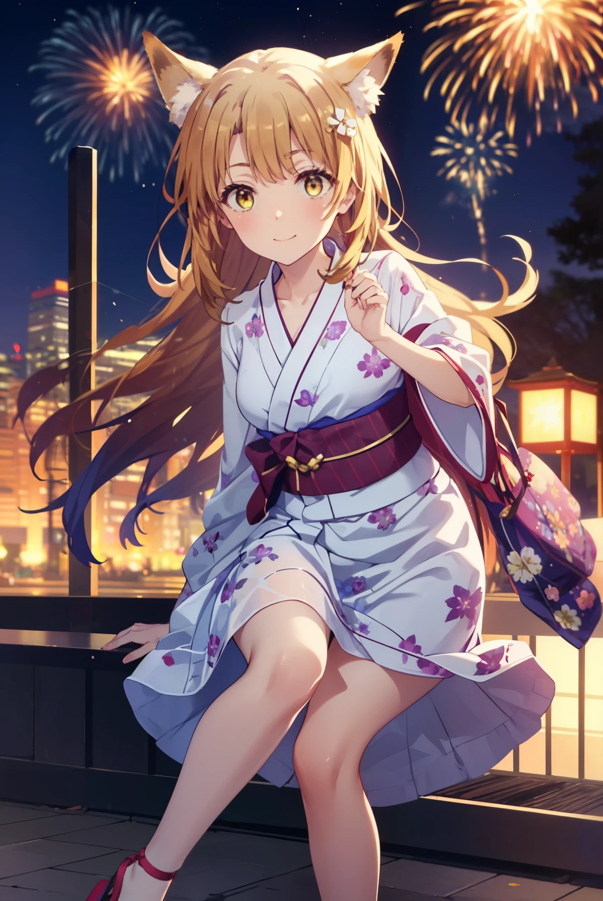 irohaisshiki, Isshiki Iroha, long hair, light brown hair, (brown eyes:1.5), smile,animal ears,fox ears,Animal tail fox tail,flower hair ornament,Yukata with yellow floral pattern,long skirt,Zori sandals,firework in the night sky,firework,The place is a firework display,Time is night,sunny day,So that the whole body is included in the illustration,
break outdoors, 神社
break looking at viewer,
break (masterpiece:1.2), highest quality, High resolution, unity 8k wallpaper, (shape:0.8), (beautiful and detailed eyes:1.6), highly detailed face, perfect lighting, Very detailed CG, (perfect hands, perfect anatomy),
