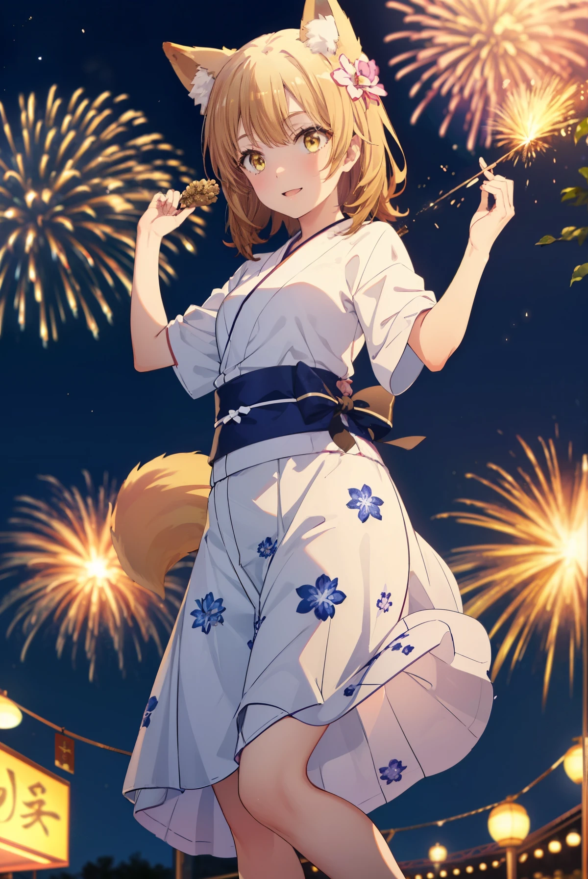 irohaisshiki, Isshiki Iroha, long hair, light brown hair, (brown eyes:1.5), smile,animal ears,fox ears,Animal tail fox tail,flower hair ornament,Yukata with yellow floral pattern,long skirt,Zori sandals,firework in the night sky,firework,The place is a firework display,Time is night,sunny day,So that the whole body is included in the illustration,
break outdoors, 神社
break looking at viewer,
break (masterpiece:1.2), highest quality, High resolution, unity 8k wallpaper, (shape:0.8), (beautiful and detailed eyes:1.6), highly detailed face, perfect lighting, Very detailed CG, (perfect hands, perfect anatomy),