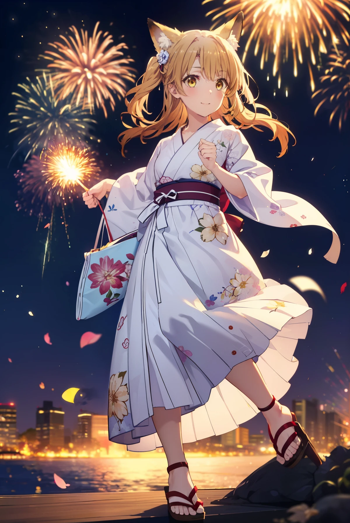 irohaisshiki, Isshiki Iroha, long hair, brown hair, (brown eyes:1.5), smile,animal ears,fox ears,Animal tail fox tail,flower hair ornament,Yukata with yellow floral pattern,long skirt,Zori sandals,firework in the night sky,firework,The place is a firework display,Time is night,sunny day,So that the whole body is included in the illustration,
break outdoors, 神社
break looking at viewer,
break (masterpiece:1.2), highest quality, High resolution, unity 8k wallpaper, (shape:0.8), (beautiful and detailed eyes:1.6), highly detailed face, perfect lighting, Very detailed CG, (perfect hands, perfect anatomy),