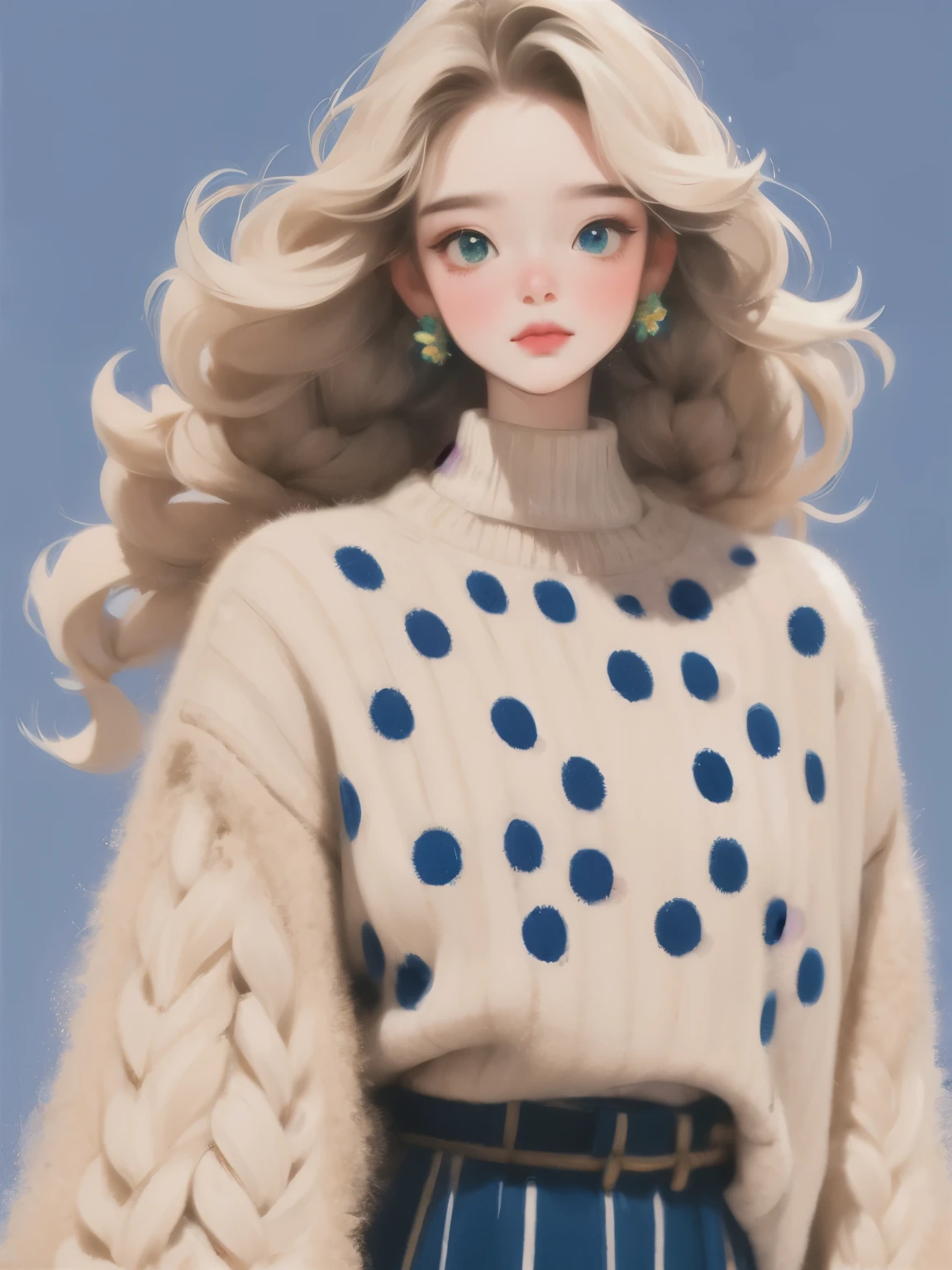 (masterpiece, best quality:1.2),illustration art，watercolor painting，black irregular lines，a beautiful girl，Skin detail processing，The eyes are finely described，Delicate hair，Twist braids，Loose and slouchy sweater，White geometric pattern，Sweater details，hairy，Warm，Similar to skirt，Retro contrasting colors，flower brooch，clean background，green，blue，red，
