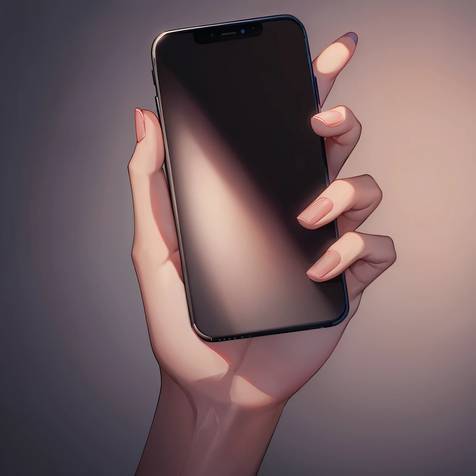a feminine hand holding a phone with a black blank phone display