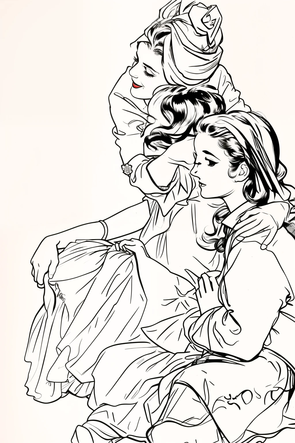 desenho de uma mulher sentada no colo de um homem com um , por Oswald Viteri, Direction: Austin Briggs, inspired Direction: Charles Dana Gibson, mulher segurando outra mulher, Desenho detalhado de linhas a tinta limpa, Direction: Andrew Loomis, por Hugh Hughes, line sketch, Direction: Charles Dana Gibson, pen and ink illustration, pen and ink illustration