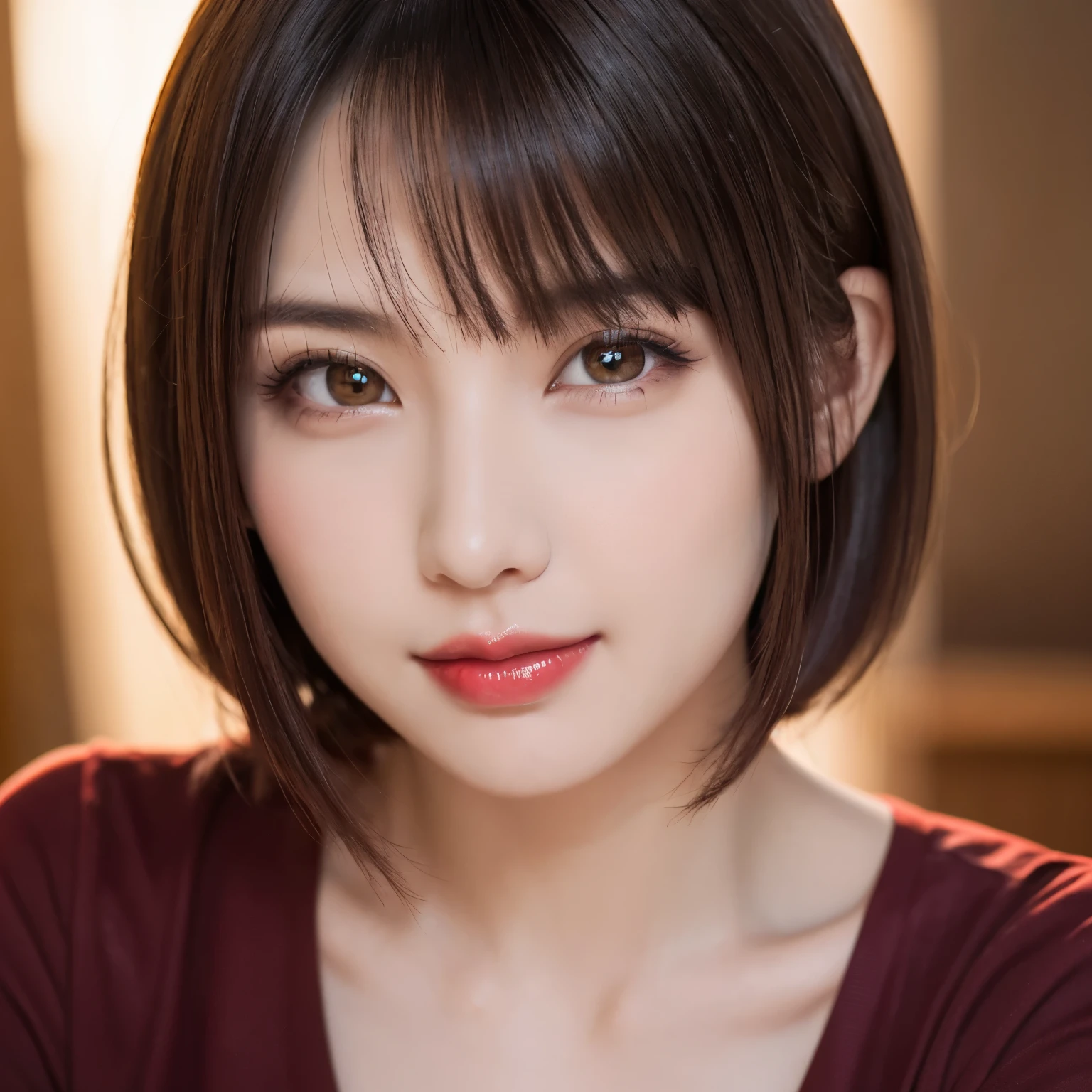 (highest quality、table top、8K、best image quality、Award-winning work)、(1 young girl)、(Perfect V-neck red long knit sweater:1.2)、(perfect red v neck sweater:1.1)、(red eyeshadow:1.2)、perfect makeup、long eyelashes、Super high-definition sparkling eyes、ultra high definition hair、ultra high resolution glossy lips、Super high resolution perfect teeth、Super high resolution cute face、brown hair、(very short straight hair:1.1)、look at me and smile、[clavicle]、accurate anatomy、(close up of face:1.5)、Luxury love hotel、(The most moody warm lighting:1.2)、blurred background、With bangs、Super high-resolution glossy and moisturized face、Super high resolution glowing fair skin、most detailed face、Ultra high resolution detailed faces、super high resolution hair、Super high resolution sparkling eyes、Beautiful face drawn in great detail、Super high resolution glossy red lips