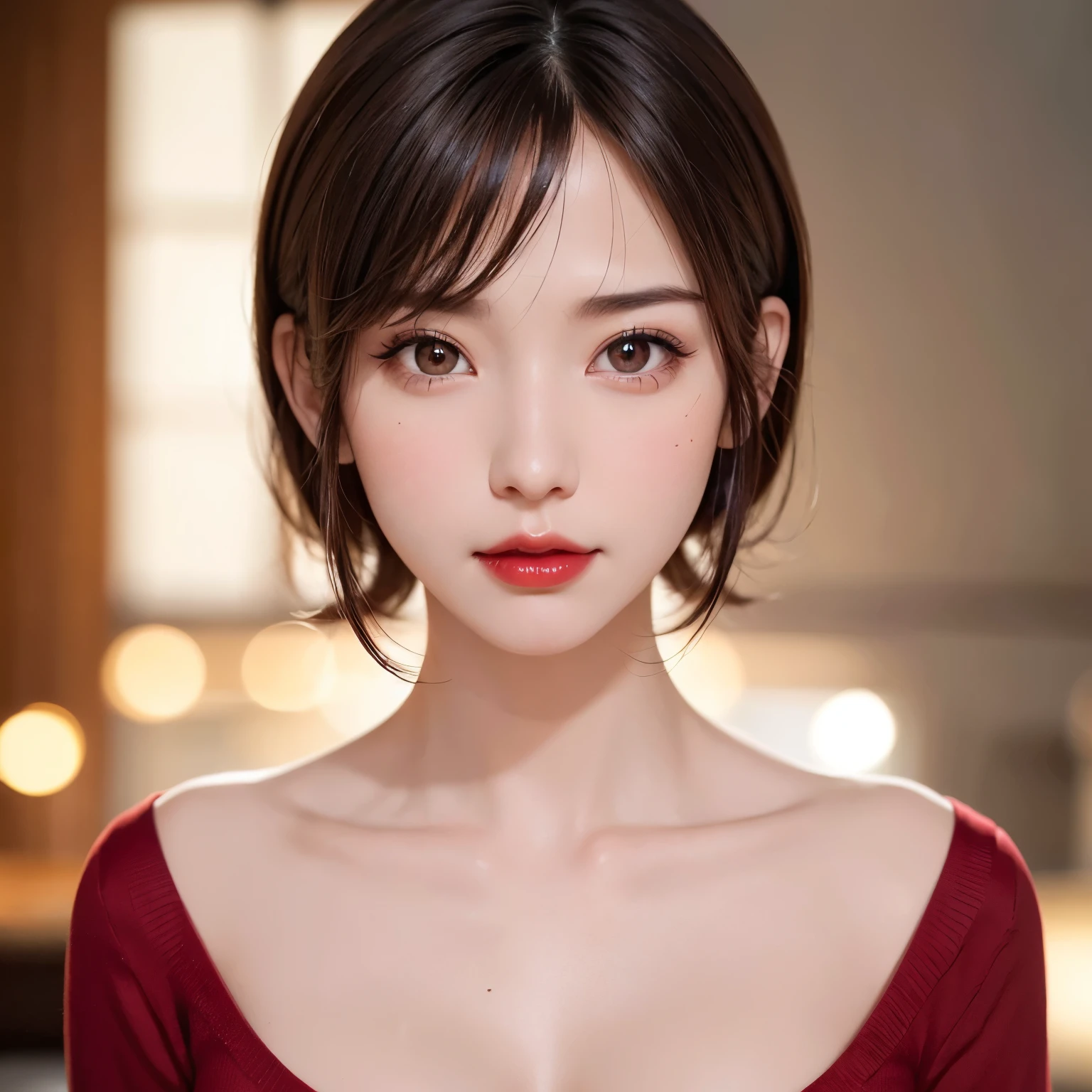 (highest quality、table top、8K、best image quality、Award-winning work)、(1 young girl)、(Perfect V-neck red long knit sweater:1.2)、(perfect red v neck sweater:1.1)、(red eyeshadow:1.2)、perfect makeup、long eyelashes、Super high-definition sparkling eyes、ultra high definition hair、ultra high resolution glossy lips、Super high resolution perfect teeth、Super high resolution cute face、brown hair、(very short straight hair:1.1)、look at me and smile、[clavicle]、accurate anatomy、(close up of face:1.5)、Luxury love hotel、(The most moody warm lighting:1.2)、blurred background、With bangs、Super high-resolution glossy and moisturized face、Super high resolution glowing fair skin、most detailed face、Ultra high resolution detailed faces、super high resolution hair、Super high resolution sparkling eyes、Beautiful face drawn in great detail、Super high resolution glossy red lips