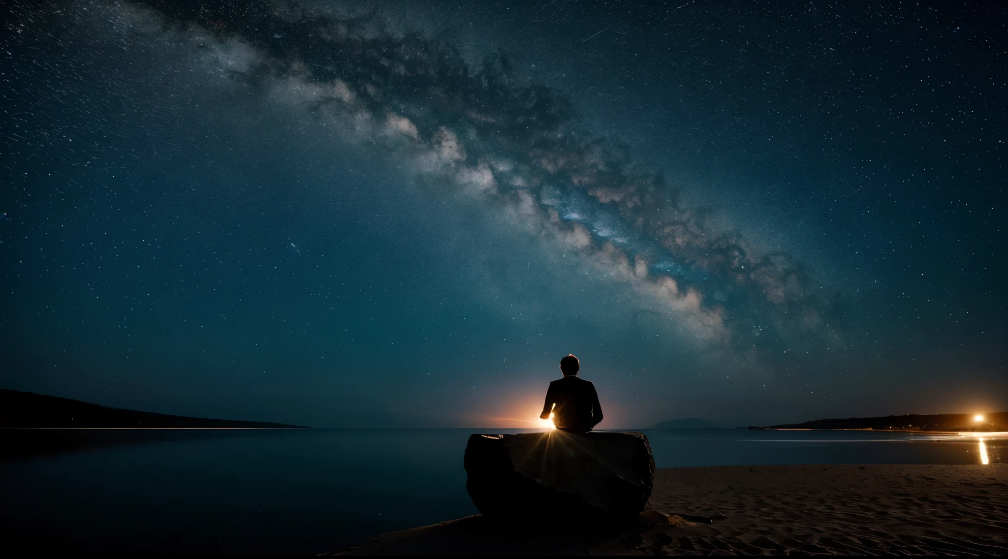 Create an image that captures the essence of an introspective and emotional song, refletindo sobre o amor, a vulnerabilidade, and the contrast between taking risks and the security of the heart. A cena deve ser ambientada numa noite estrelada, radiante e serena, symbolizing the exact moment when the observer's heart realizes his deep feelings for another person. Inclua elementos que representem a dualidade do medo de perder contra o desejo de se entregar ao amor, perhaps through images that represent a heart divided between shadows and light, suggesting hesitation and courage at the same time.
Specific details for image generation:
Ambiente: Noite estrelada, com uma lua cheia ou crescente que ilumina suavemente a cena, criando um contraste de luz e sombra.
Foco: A symbolic heart, possivelmente feito de um material que reflita a luz da lua (como cristal ou vidro), posicionado no centro da imagem, meio envolto em sombras e meio banhado em luz.
Elementos adicionais: May include a silhouette of a person looking up at the sky, symbolizing the lyrical self reflecting on his feelings, or even an abstract representation of musical notes floating through the air, indicating the song that talks about love.
Atmosfera: A imagem deve evocar um sentimento de beleza tranquila, but also emotional tension, reflecting the song's theme of the risk and reward of opening up emotionally.
Artistic style: Surrealism or magical realism, to capture both the realistic aspect of the night scene and the metaphorical and emotional elements of the song.
