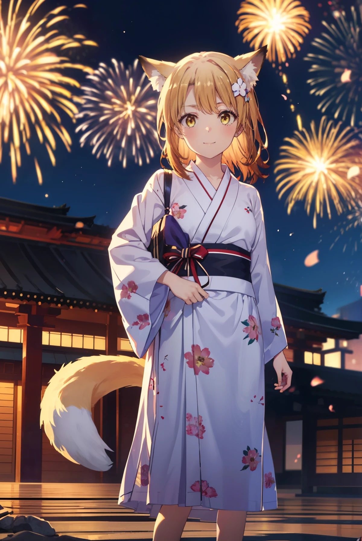 irohaisshiki, Isshiki Iroha, long hair, brown hair, (brown eyes:1.5), smile,animal ears,fox ears,Animal tail fox tail,flower hair ornament,Yukata with yellow floral pattern,long skirt,Zori sandals,firework in the night sky,firework,The place is a firework display,Time is night,sunny day,So that the whole body is included in the illustration,
break outdoors, 神社
break looking at viewer,
break (masterpiece:1.2), highest quality, High resolution, unity 8k wallpaper, (shape:0.8), (beautiful and detailed eyes:1.6), highly detailed face, perfect lighting, Very detailed CG, (perfect hands, perfect anatomy),